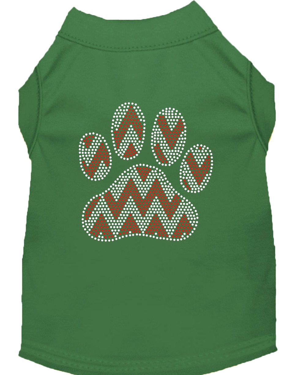 Christmas Pet Dog & Cat Shirt Rhinestone, 'Candy Cane Chevron Paw' Green Md (6-10 Lbs.)