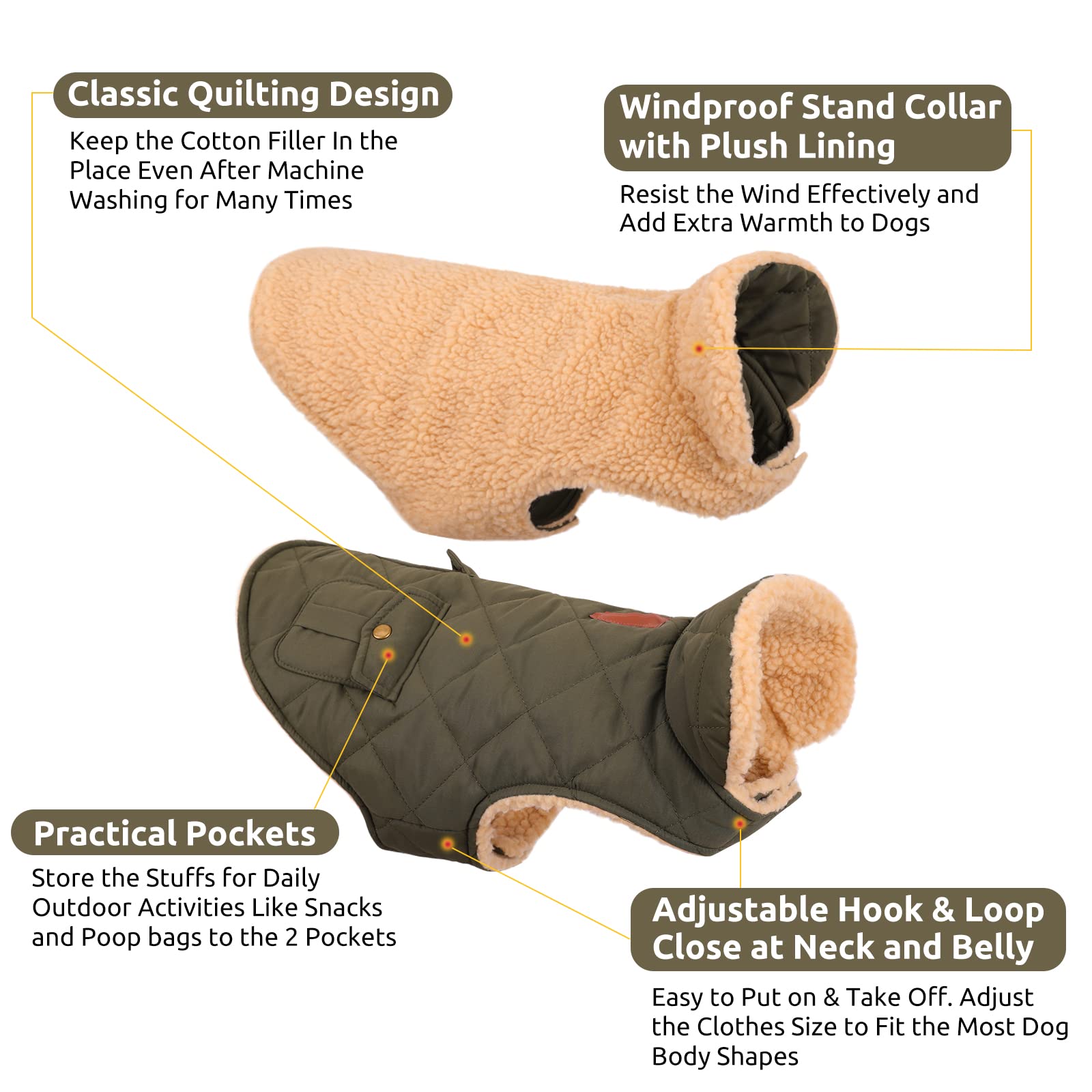 Queenmore Cold Weather Dog Coat, Winter Quilting Dog Jacket Ultra Warm Thick Plush Lining With Storage Pockets (Green, X-Small)