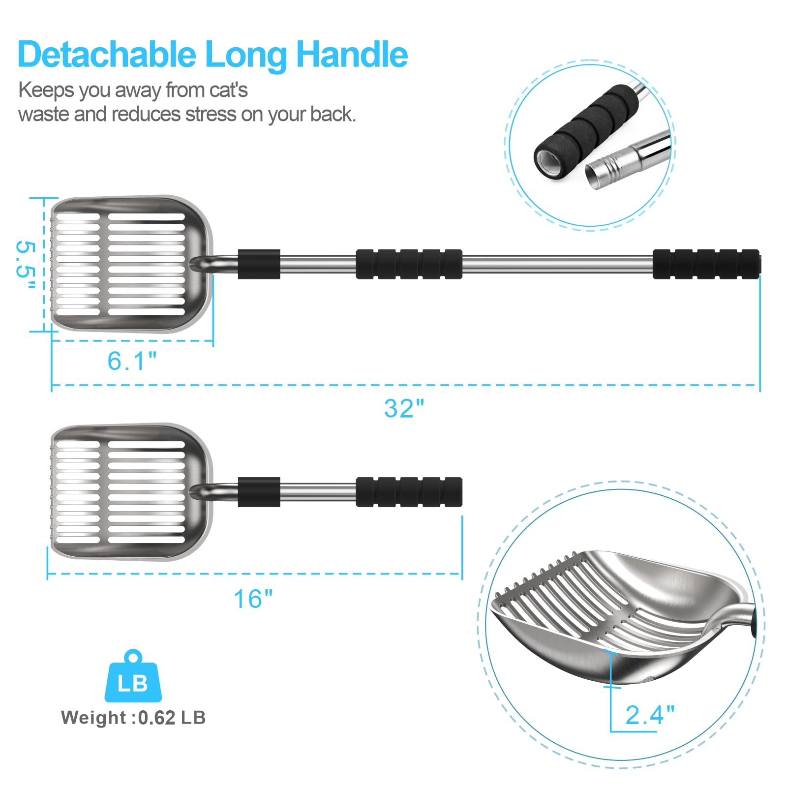 Depets Cat Litter Scoop, Metal Litter Scooper With Deep Shovel, Detachable Long Handle Cat Litter Sifter With Holder, Large Dura