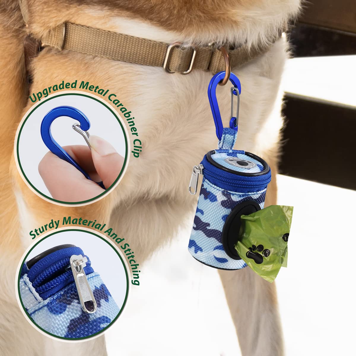 Furhab Dog Poop Bag Holder For Leash Doggie Waste Bag Dispenser Puppy Potty Carrier Small Doggy Zipper Pouch With Carabiner Clip 1680D Nylon Oxford With 1 Roll Of Pet Trash Bags, Sky Blue Camo