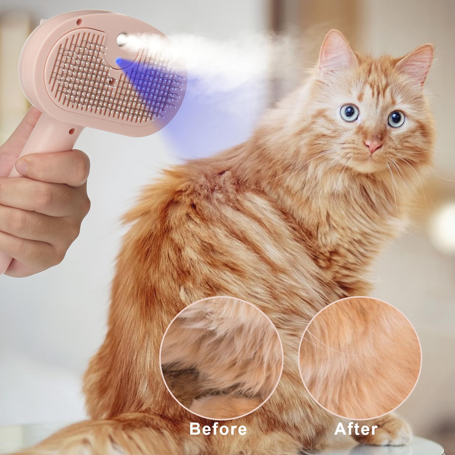 Pet Steam Hair Comb Brush For Shedding, 4 In 1 Spray Brush For Long & Short Haired Cat&Dog, Self-Cleaning Hair Remover With Wate