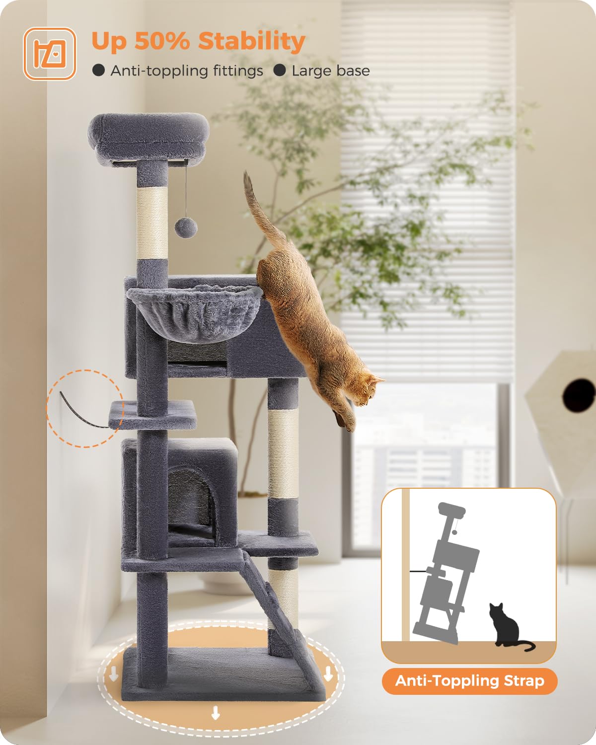 Muttros Cat Tree For Large Cats Adult With Super Large Top Perch, 56.3'' Cat Tower For Large Cats With Plush Hammock, Cat Shelve