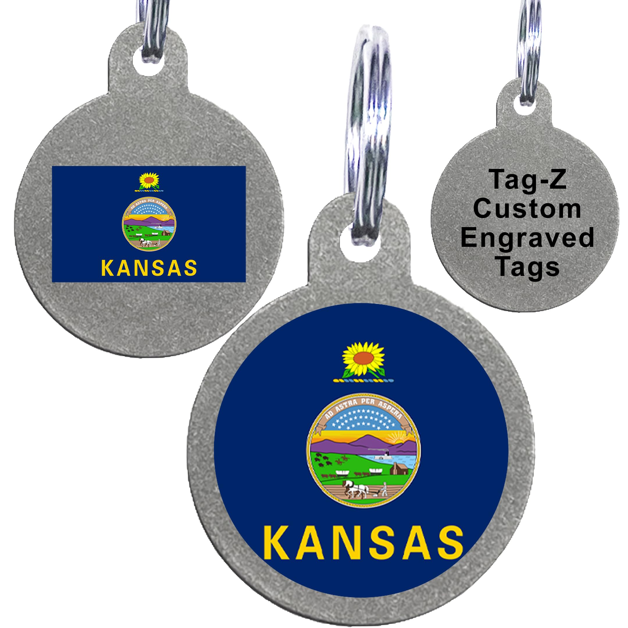 Kansas Flag Pet Id Tags, Custom Printed And Laser Engraved Circle