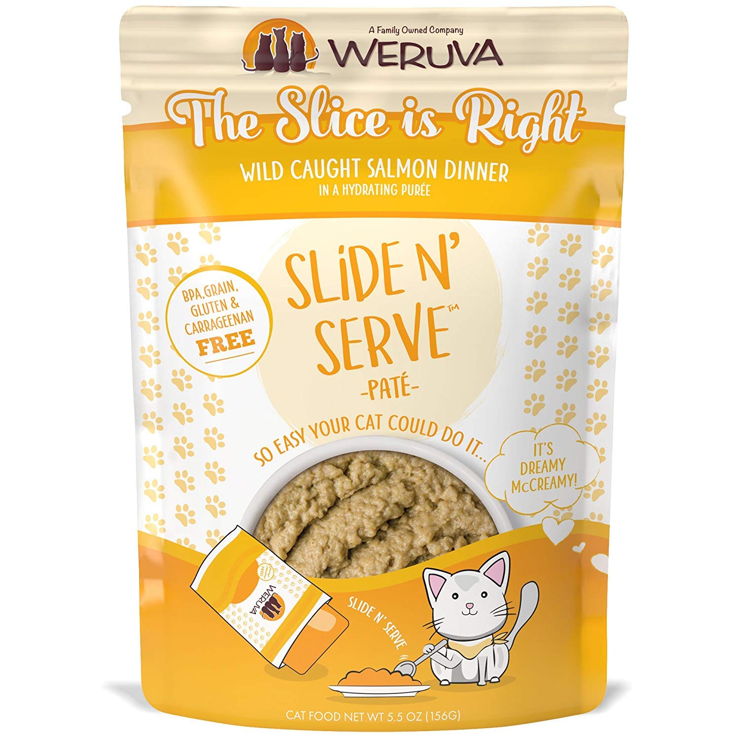 Weruva Wet Cat Food, The Slice is Right with Wild Caught Salmon Pate, 5.5oz Slide N Serve Pouch, Pack of 12