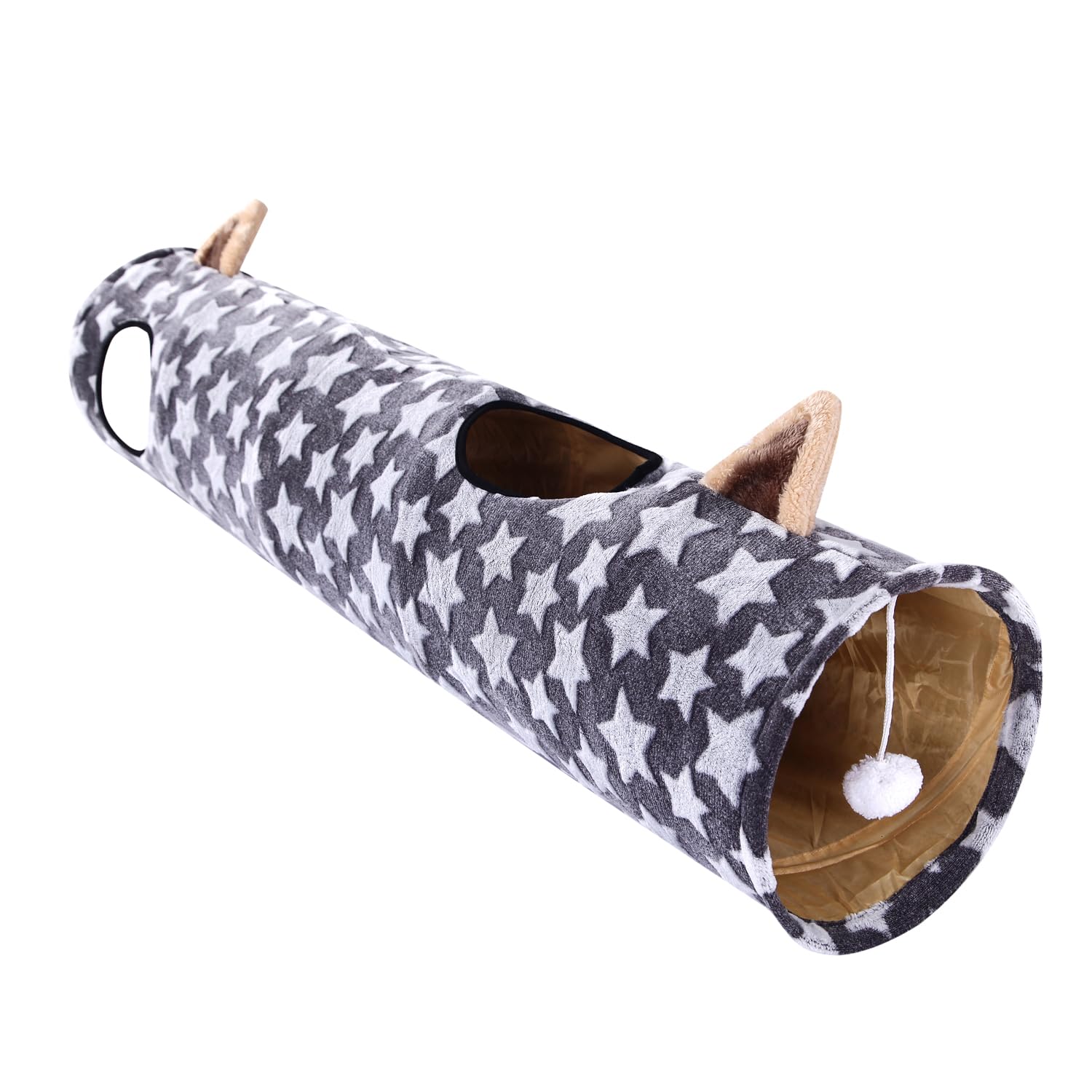 Luckitty Cat Tunnel -Straight-Shaped, Gray Star Pattern, Soft Velvet Exterior, Oxford Fabric Fog-Proof Interior, Plush Toy Ball,