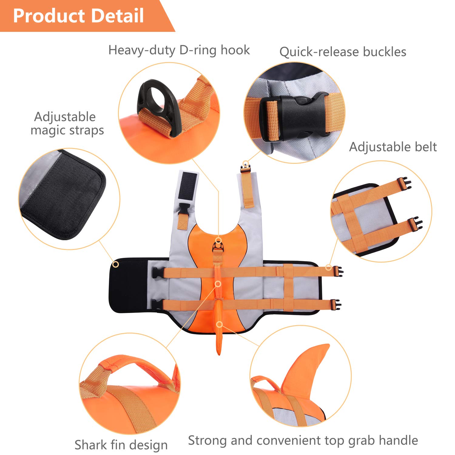 Asenku Dog Life Jacket Pet Life Safety Vest For Swimming Boating, Dog Shark Life Jackets Dog Lifesavers Swimsuits For Pool, Dog Water Floatation Vest For Small Medium Large Dogs, Orange, X-Small