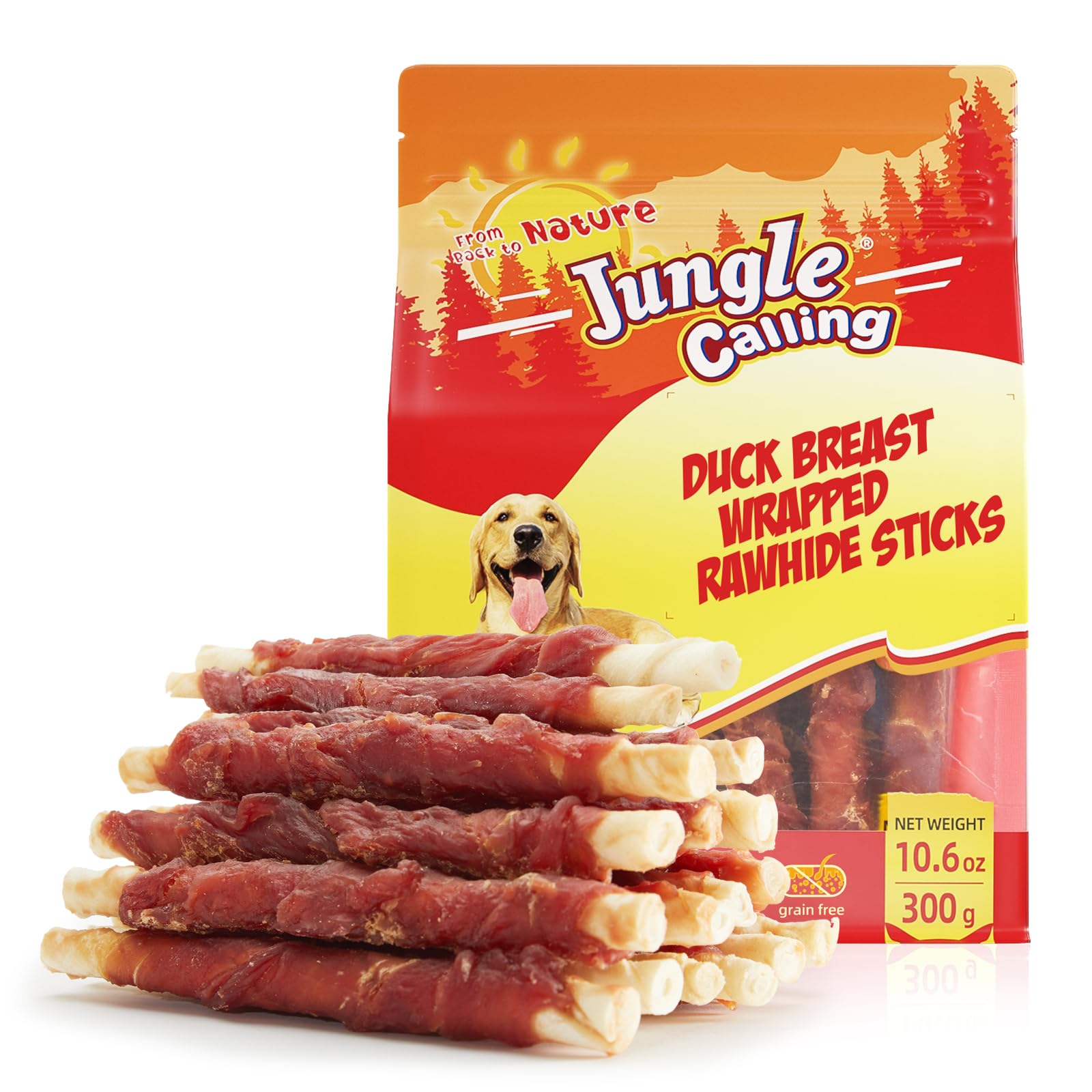 Jungle Calling Dog Treats, Duck Breast Wrapped Rawhide Sticks for Dogs, Grain-Free Natural Chewy Treats Picky Dogs, Puppy Chews 