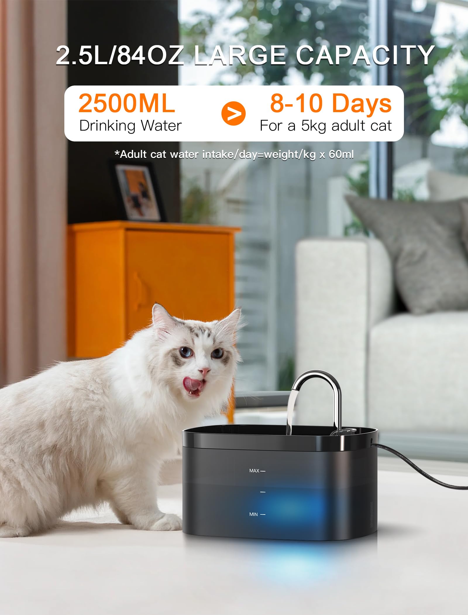 Cat Water Fountain, 84Oz/2.5L Cat Fountain, Super Silent Pet Water Fountain, Activated Carbon Filter, Translucent Pet Water Disp