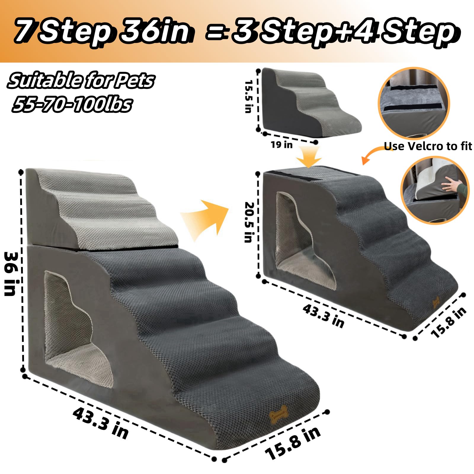 7-Step Dog Stairs For 36 Inch High Beds Small Dogs, Pet Ramp Stairs 20-42 Inch Couch Bed, Non-Slip Balanced Stairs 75Lbs For Sma