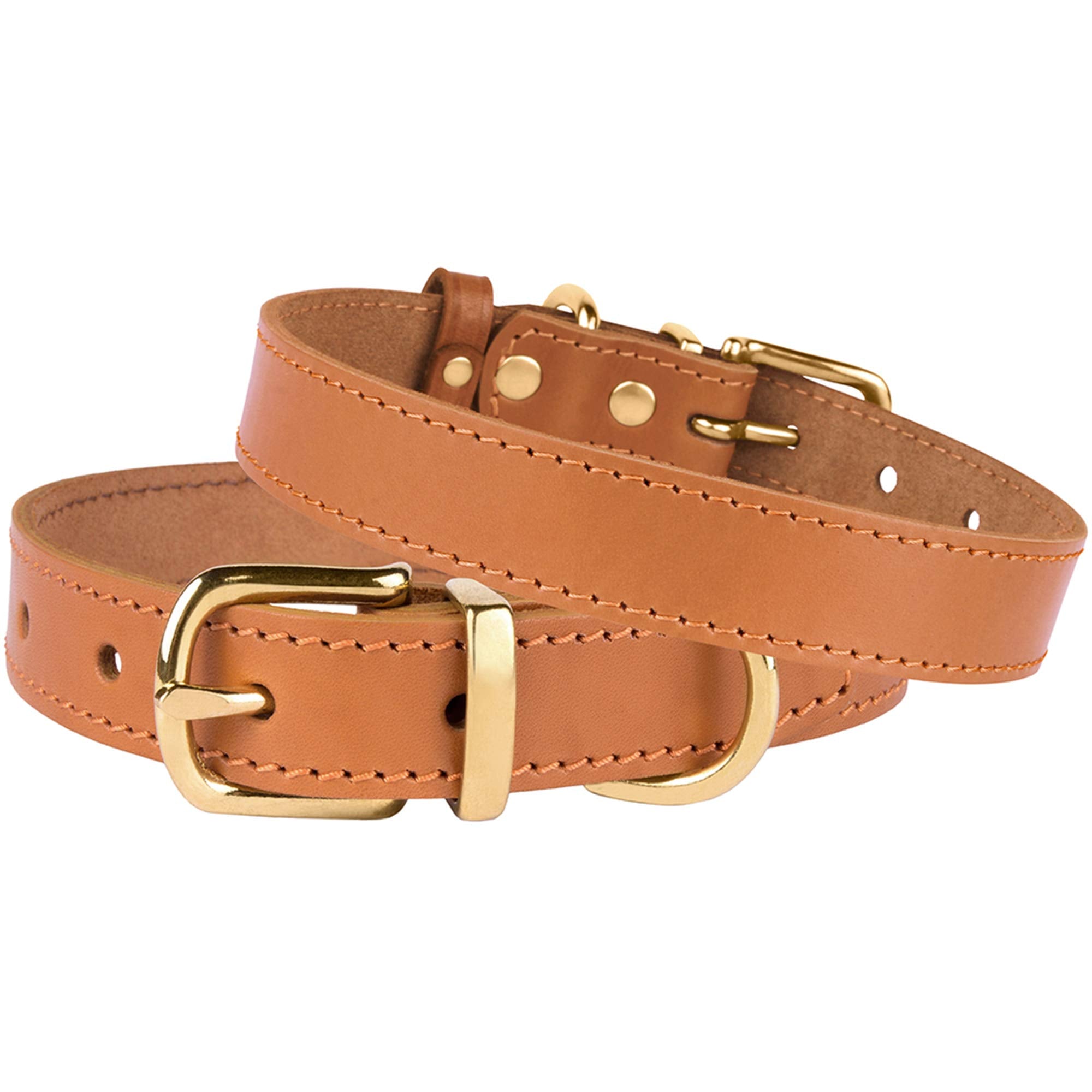 Bronzedog Leather Dog Collar With Metal Buckle Durable Basic Pet Collars For Small Medium Large Dogs (11-13 Inch (Pack Of 1), Light Brown & Gold Buckle)