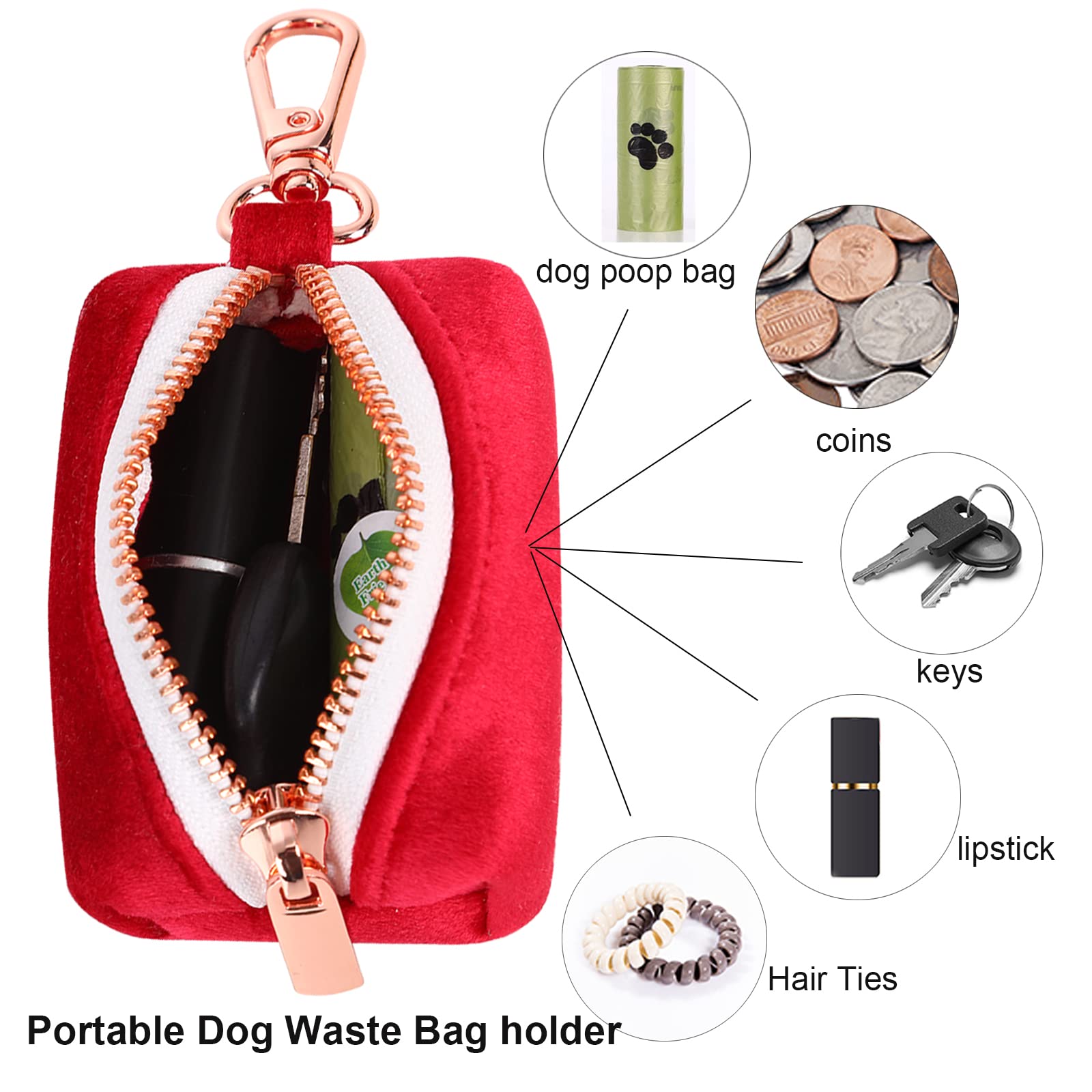Aring Pet Dog Waste Bag Dispenser, Soft Doggy Poop Bags Holders Attach To Any Leashes, Velvet Portable Washable Red Pet Waste Po