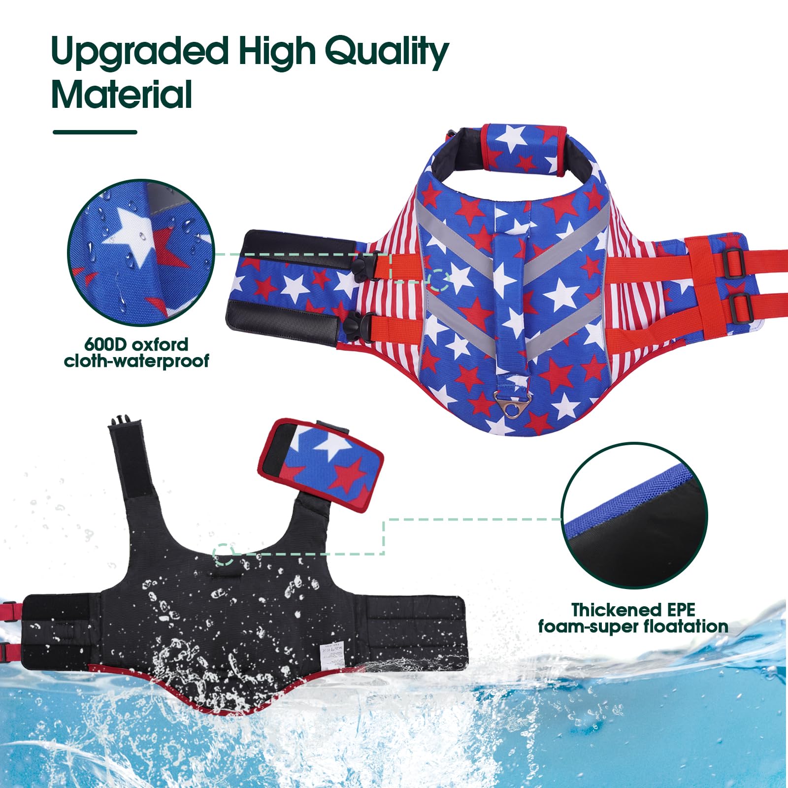 Kuoser Dog Life Jacket For Medium Dogs, American Flag Design, Red, White, Blue, Large, Reflective, Adjustable, Oxford, Nylon, Pe