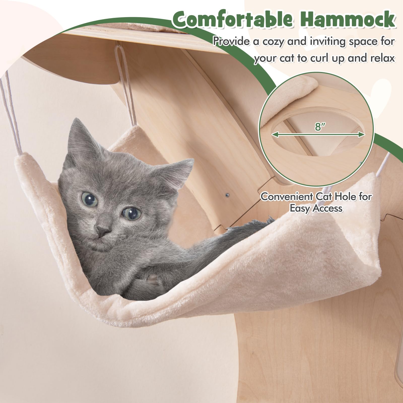 Tangkula Cat Wall Shelves, Wall Mounted Cat Tree Furniture with 4 Padded Platforms, Hammock, Sisal Scratching Mat, Removable & W