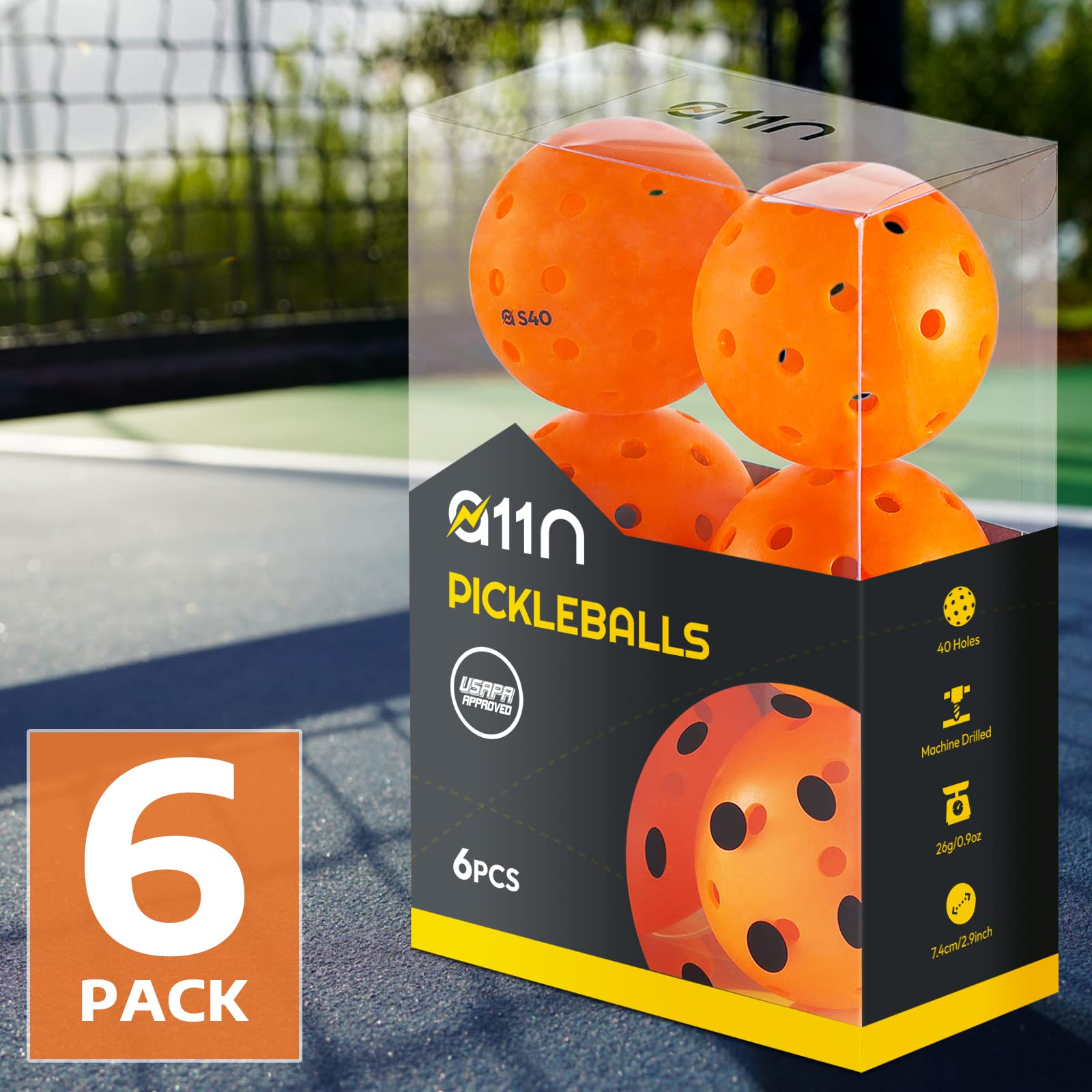 A11N S40 Outdoor Pickleball Balls- USAPA Approved, 6-Pack, Tangerine
