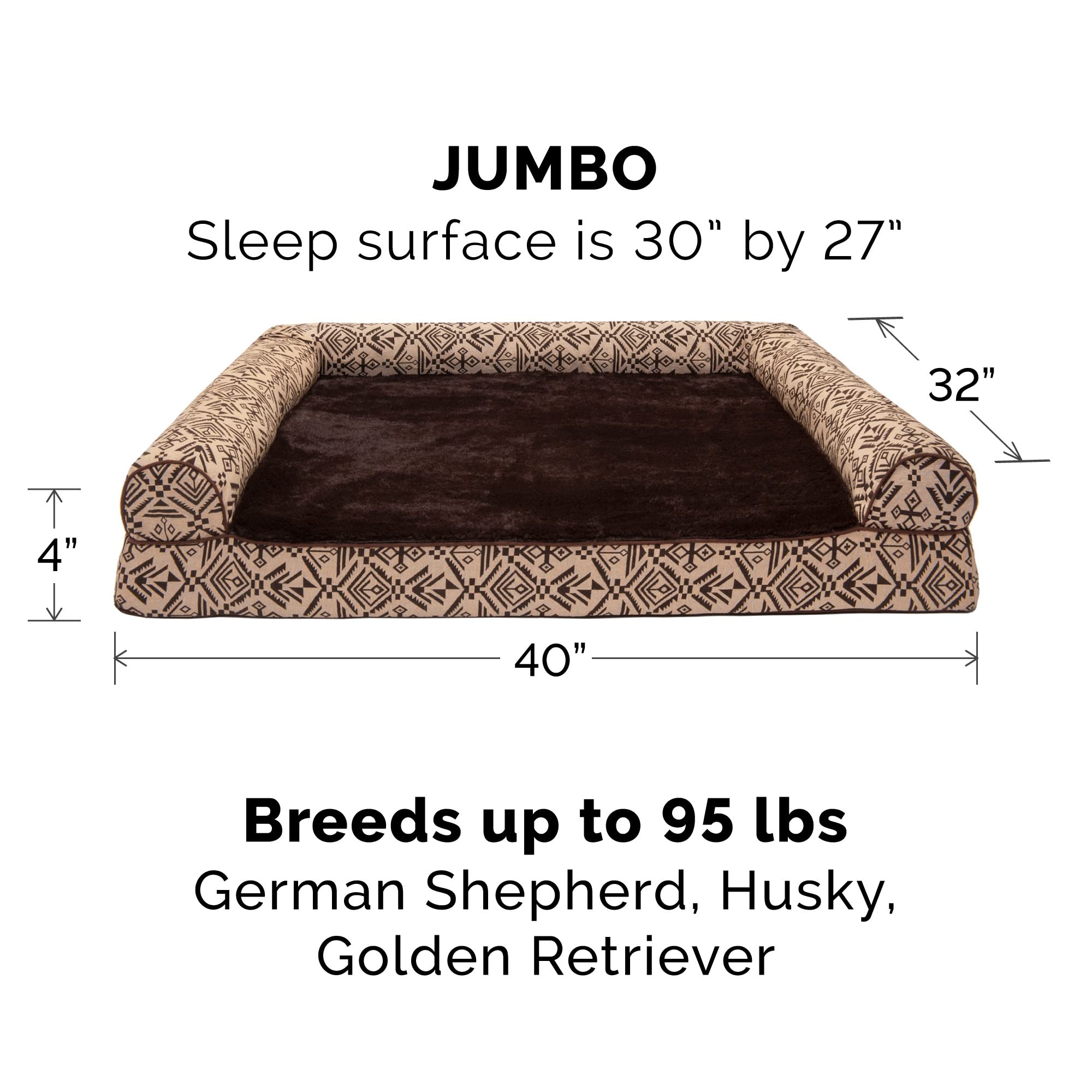 Furhaven Orthopedic Dog Bed For Large Dogs W/ Removable Bolsters & Washable Cover, For Dogs Up To 95 Lbs - Plush & Southwest Kilim Woven Decor Sofa - Desert Brown, Jumbo/Xl
