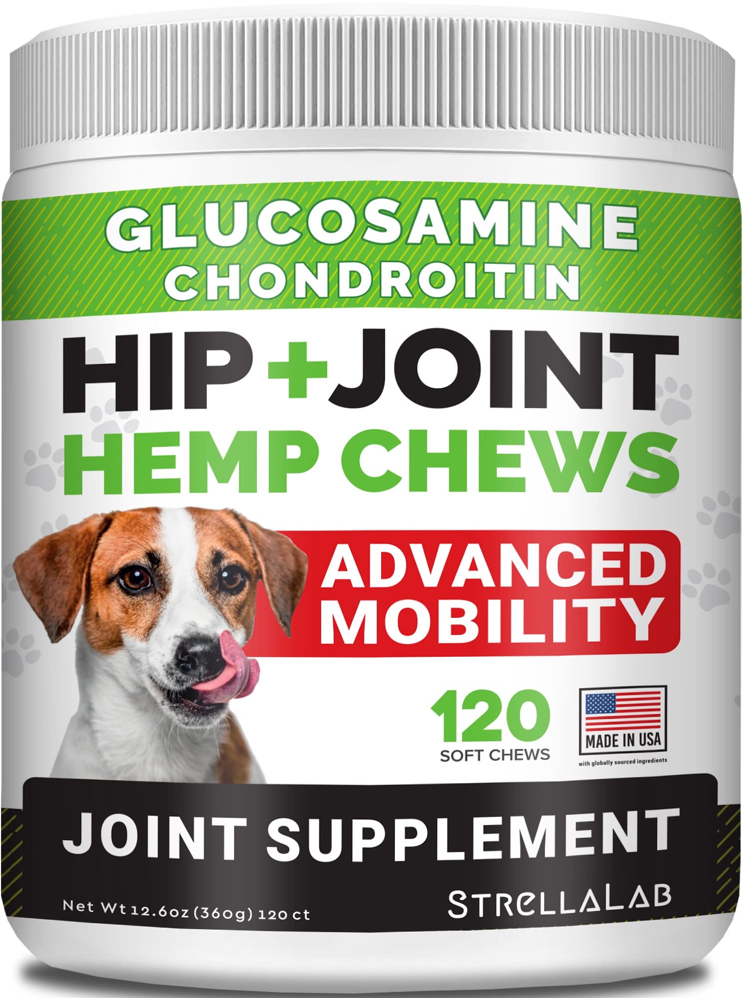 STRELLALAB Hemp Chews for Dogs - Hip & Joint Supplement with Glucosamine - Joint Pain Relief Treats - Omega 3, Chondroitin, MSM 