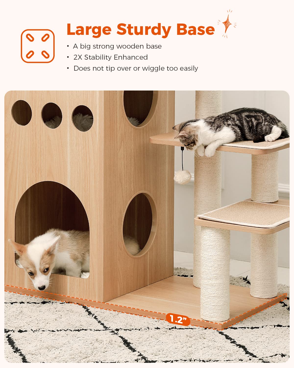 Muttros Wooden Cat Tree, 50'' Modern Cat Tower With 2-Floor Condo, Cat Furniture Sisal Scratching Posts, Capsule Nest And Dangli