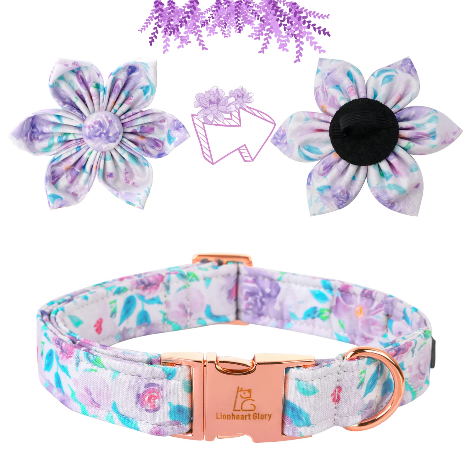 Lionheart Glory Dog Collar, Purple Dog Collar with Flower, Cute Floral Pattern Pet Collar Adjustable Dog Collar for Medium Dogs