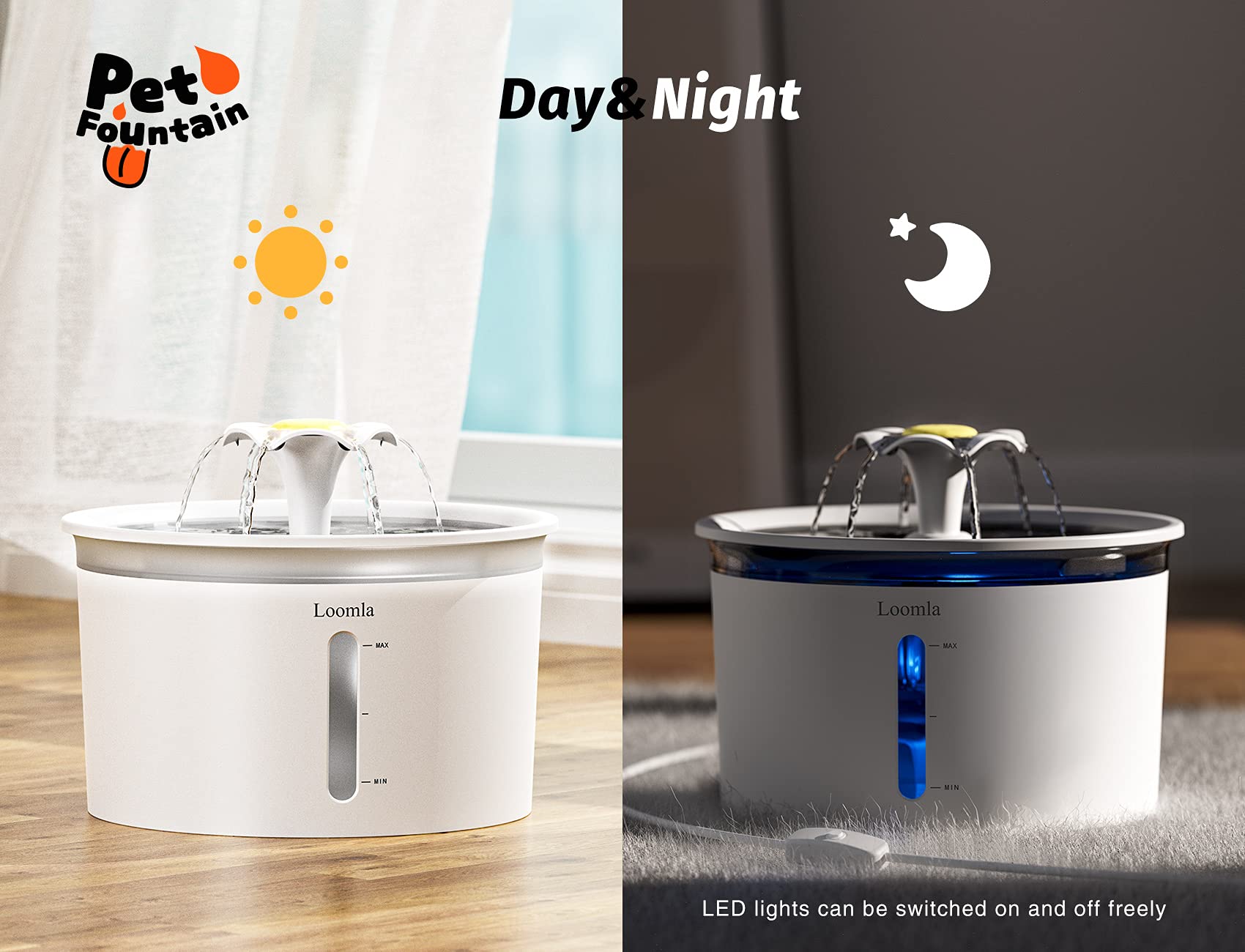 Loomla Cat Water Fountain, 85Oz/2.5L Pet Water Fountain Indoor, Automatic Dog Water Dispenser With Switchable Led Lights, 2 Replacement Filters For Cats, Dogs, Pets (White)