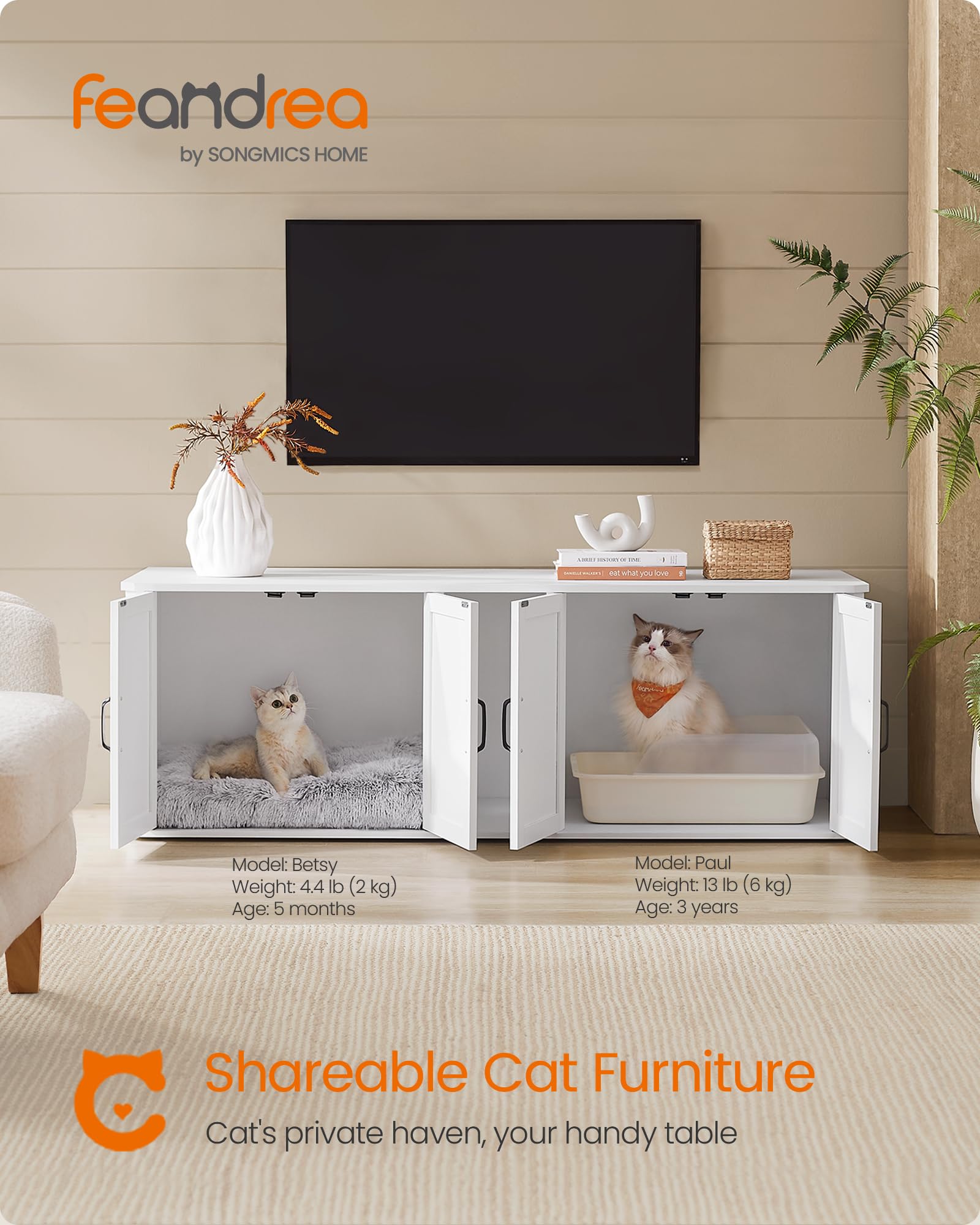 Feandrea Double Cat Litter Box Enclosure, Modern Litter Box Furniture Hidden For 2 Cats, Front Entry, Cat House, Side End Table,