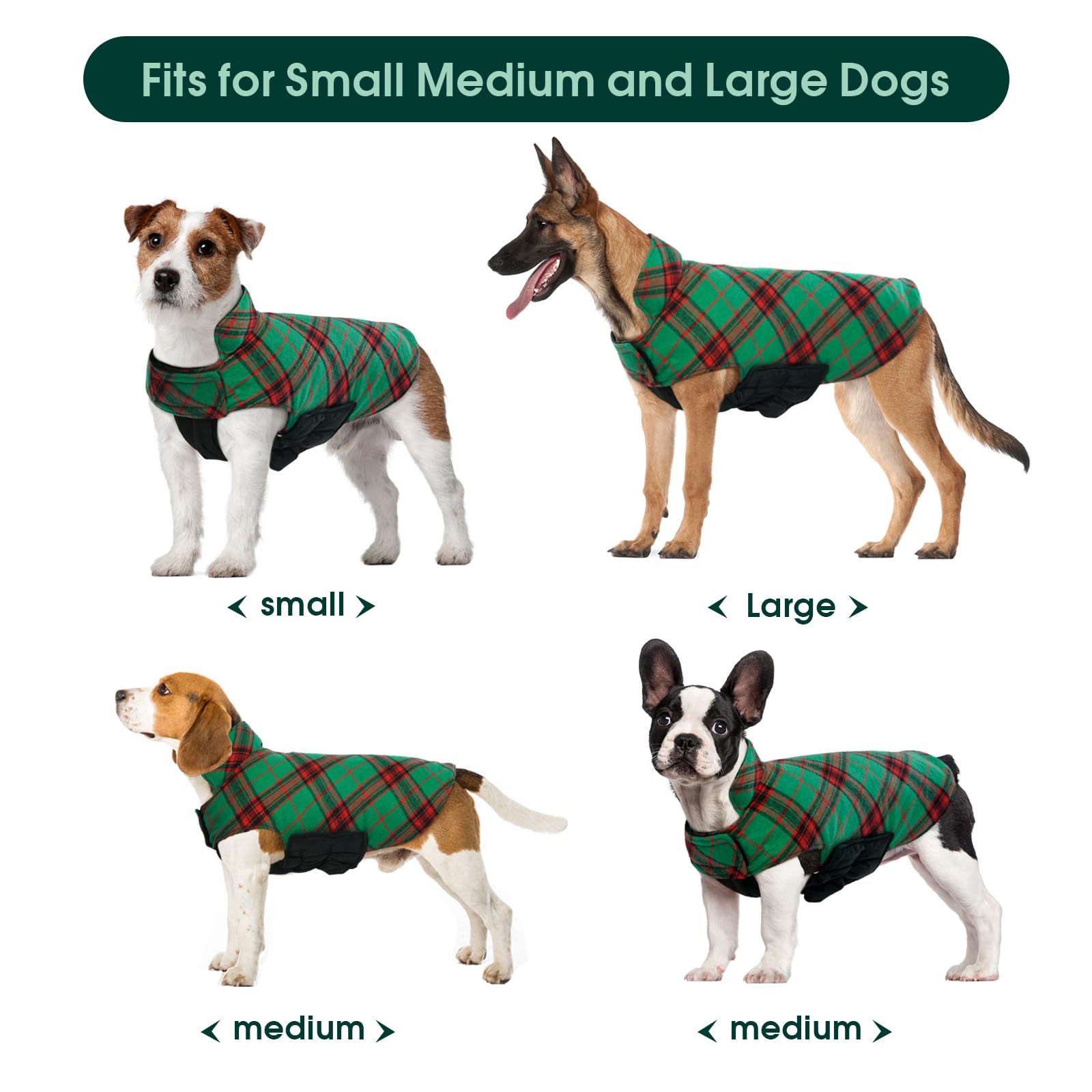 Kuoser Warm Dog Coat, Reversible Dog Jacket Waterproof Dog Winter Coat British Style Plaid Dog Clothes Pet Dog Cold Weather Coats Cozy Snow Jacket Vest For Small Medium Large Dogs Christmas Green L