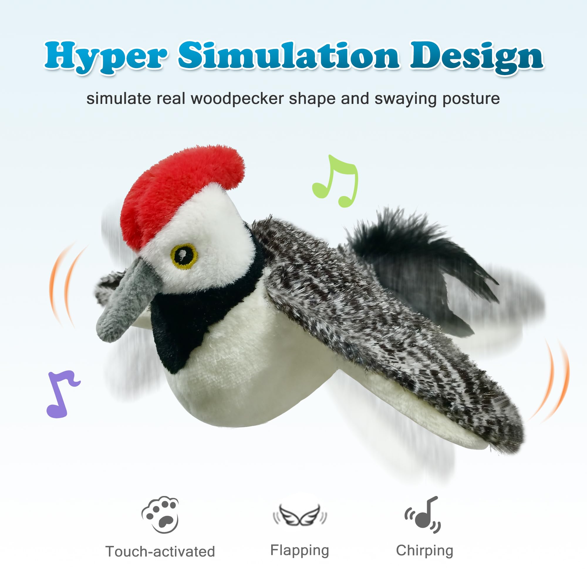LEWISER Cat Toys, Flapping Wings Cute Woodpecker, No Flying, Chirping Bird Interactive Catnip Toy for Kitten or Small Dogs, Touc