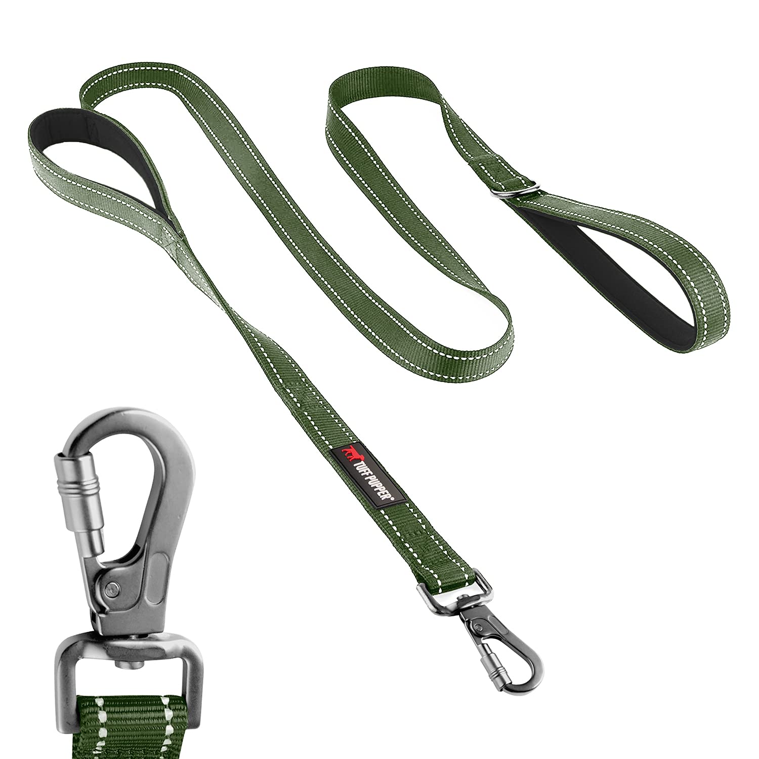 Tuff Pupper Heavy Duty Double Handle Leash With Twist Lock Carabiner Clip | Safety Lock For Strong Dogs | Reflective For Night W
