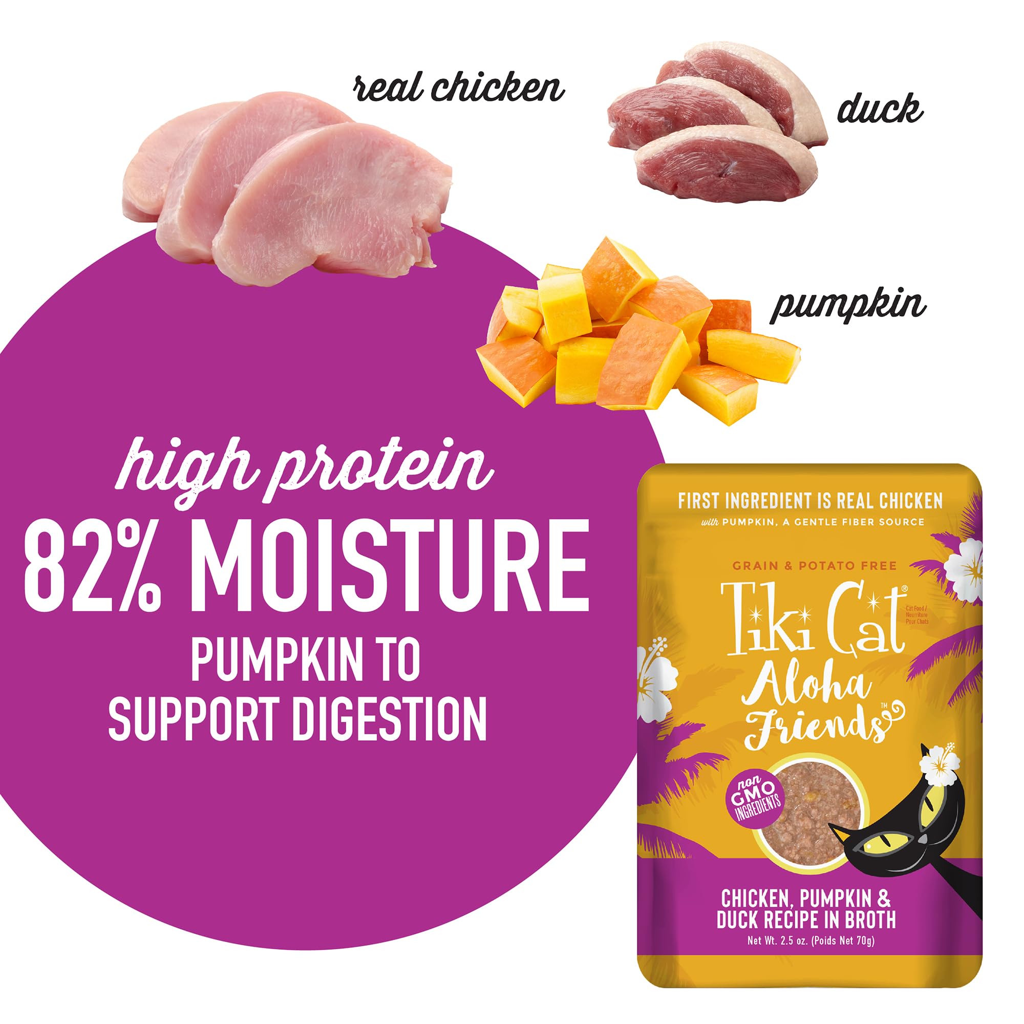 Tiki Cat Aloha Friends, Chicken, Pumpkin & Duck, Grain-Free & High Moisture, Wet Cat Food for All Life Stages 2.5 oz. Pouch (Pac