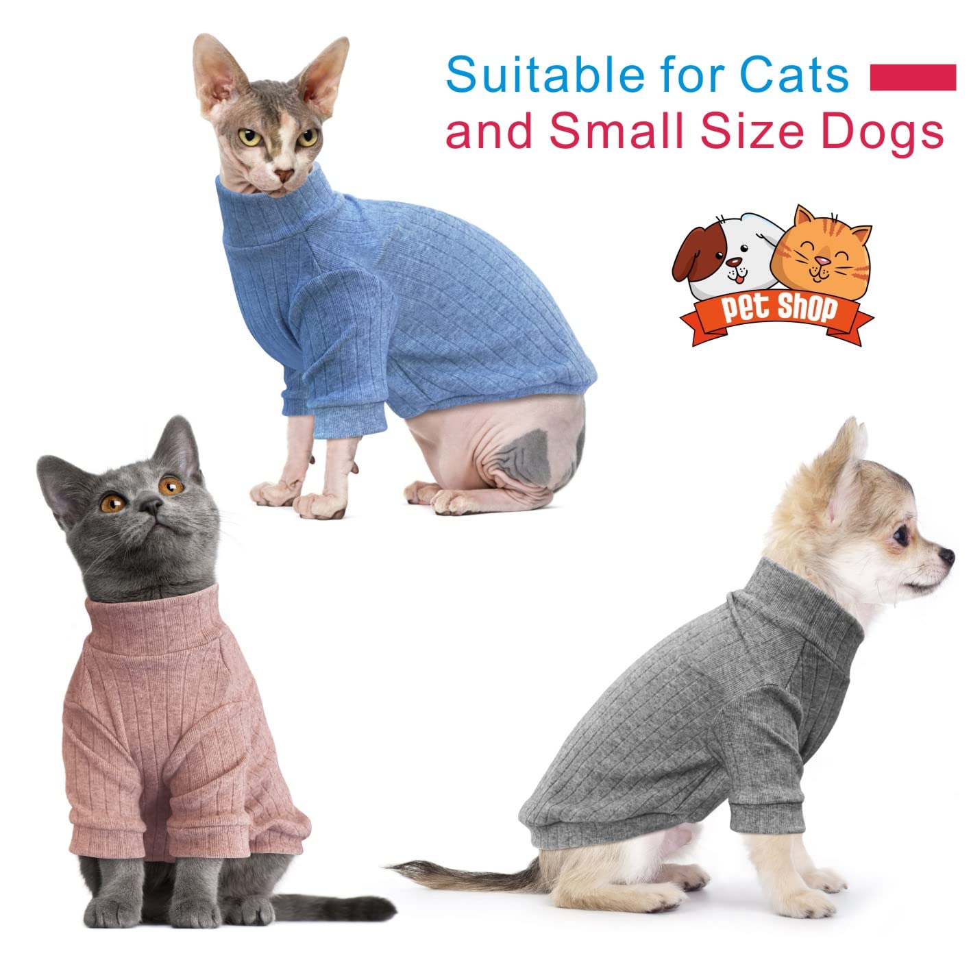 Idepet Sphynx Hairless Cats Sweater Shirt Kitten Soft Puppy Clothes Pullover Cute Cat Pajamas Jumpsuit Skin-Friendly Cotton Apparel Pet Winter Turtleneck For Cats And Small Dogs(Large, Blue)