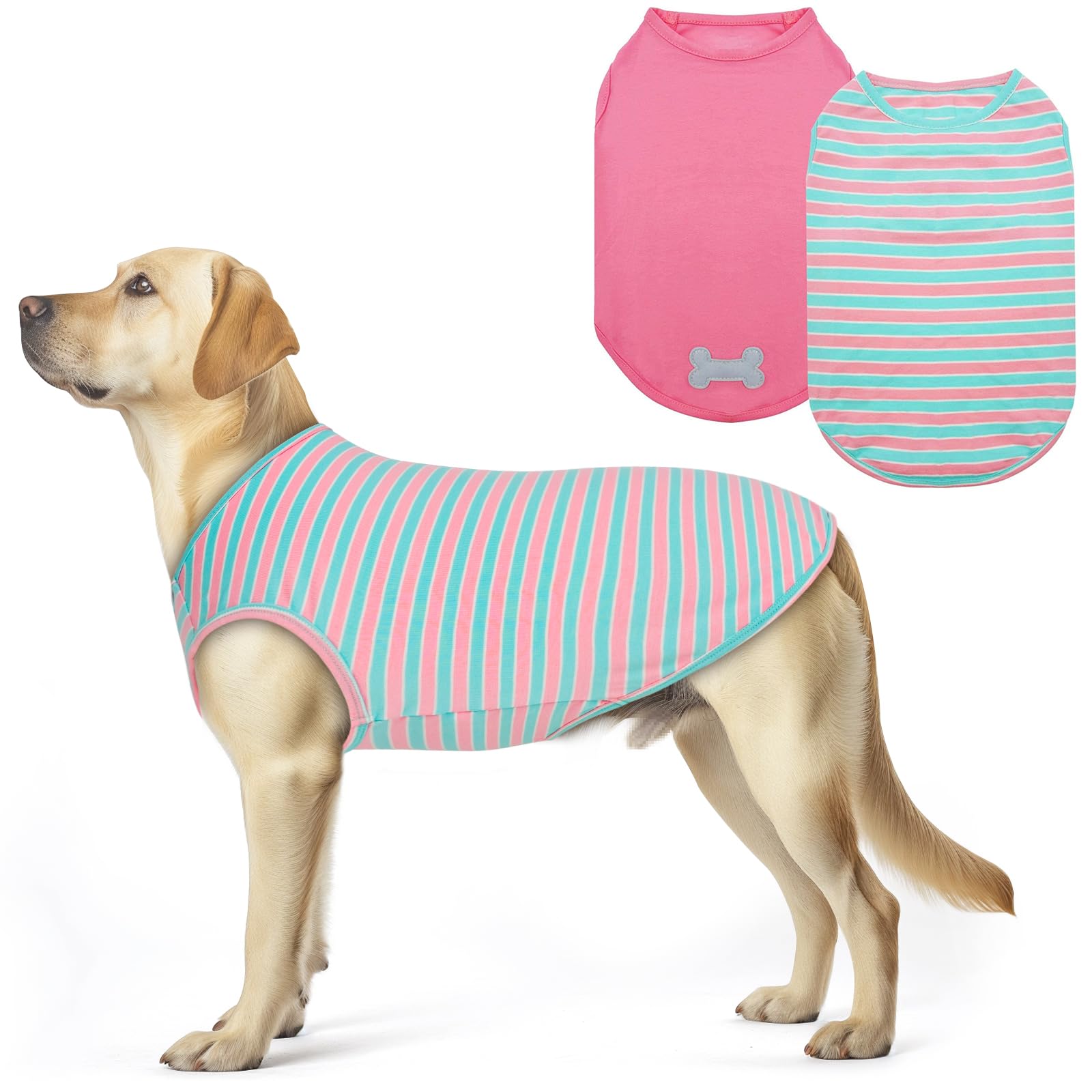 Kyeese 2Pack Dog Shirts Striped T Shirt For Medium Dogs Boy Lightweight Sleeveless Vest Cotton Tank Top Clothes, Xx-Large,Pink+S