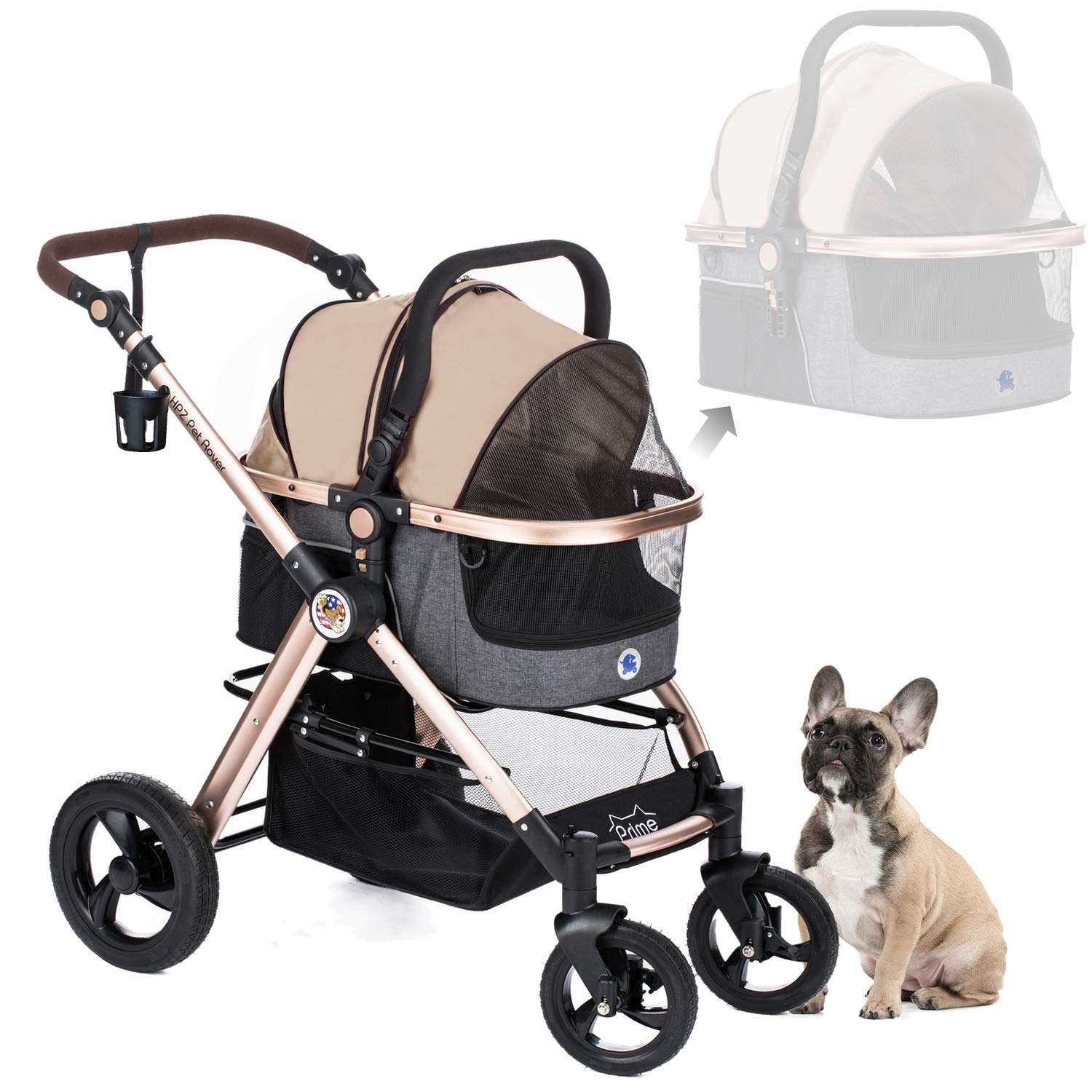 Hpz Pet Rover Prime 3-In-1 Luxury Dog/Cat Stroller (Travel Carrier +Car Seat +Stroller) With Detach Carrier/Pump-Free Rubber Tir