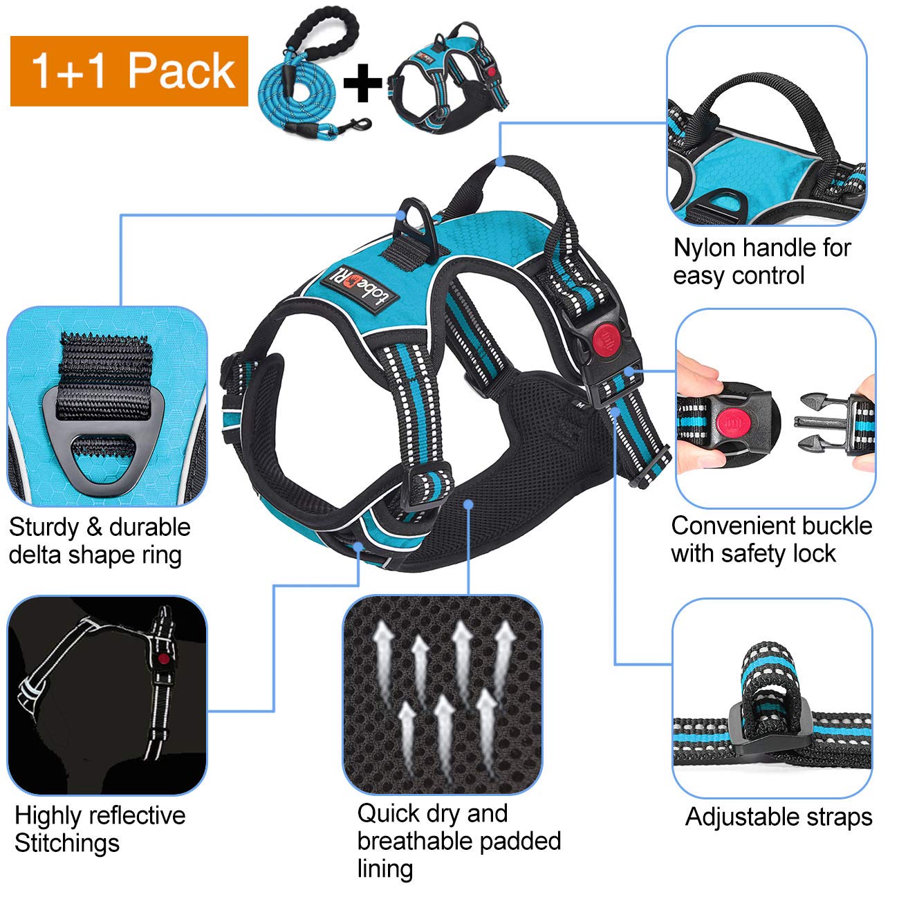 Tobedri No Pull Dog Harness Adjustable Reflective Oxford Easy Control Medium Large Dog Harness With A Free Heavy Duty 5Ft Dog Leash (L (Neck: 18'-25.5', Chest: 24.5'-33'), Blue Harness+Leash)