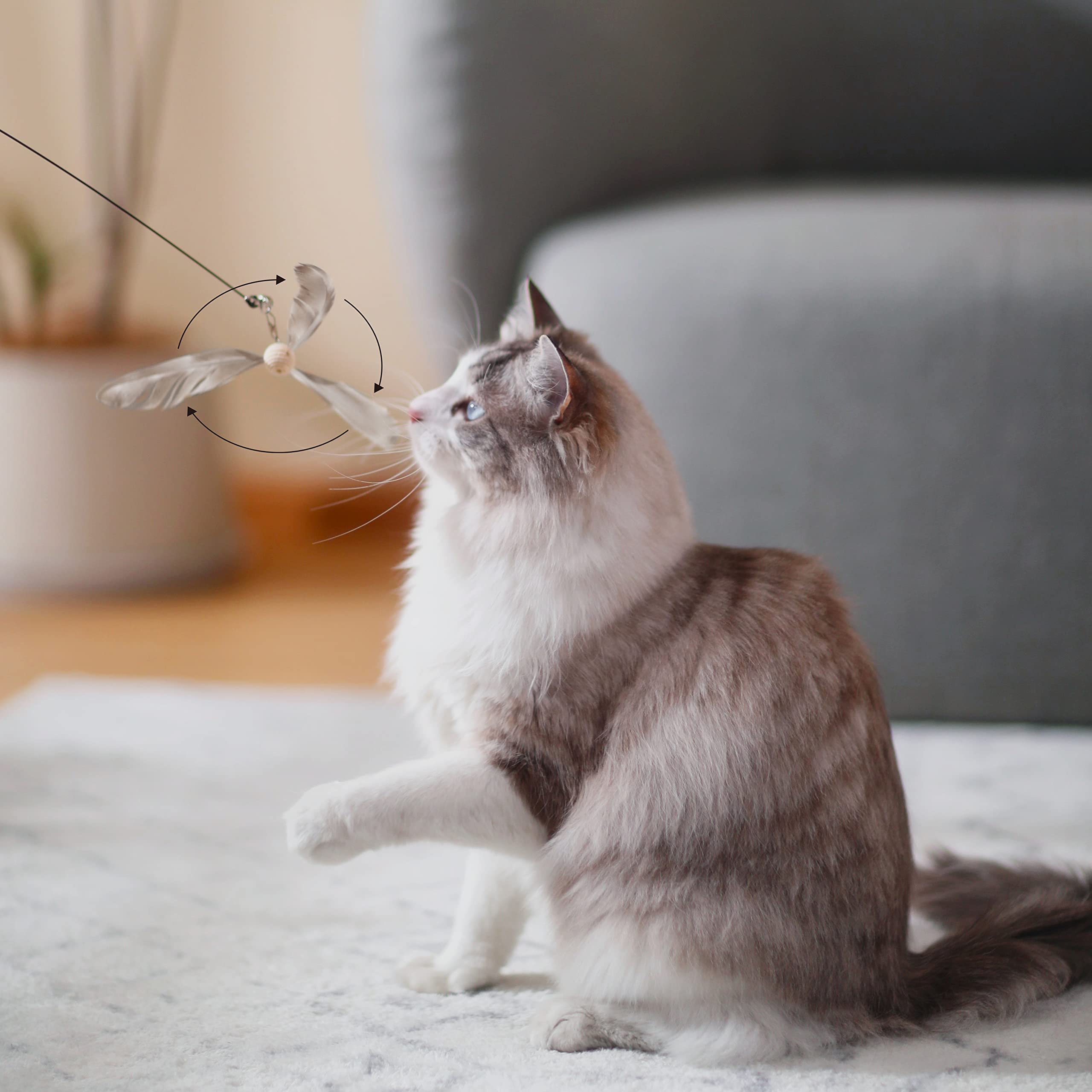 Fukumaru Cat Wand Toy, 35.5 Inch Cat Feather Propeller Toy With Bell, Steel Wire Cat Toy For Indoor Cats With Natural Feather