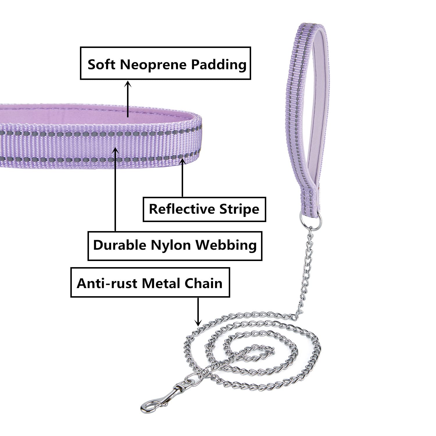 Petiry Chew Proof Metal Chain Leash,Nylon Handle With Soft Neoprene Padding And Reflective Stripe For Small Dogs.(S, Purple)