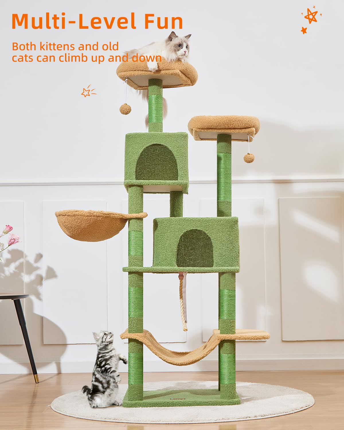 Taoqimiao Cat Tree, 66.2-Inch Cat Tower for Indoor Cats, Plush Multi-Level Cat Condo with 12 Scratching Posts, 2 Perches, 2 Cave