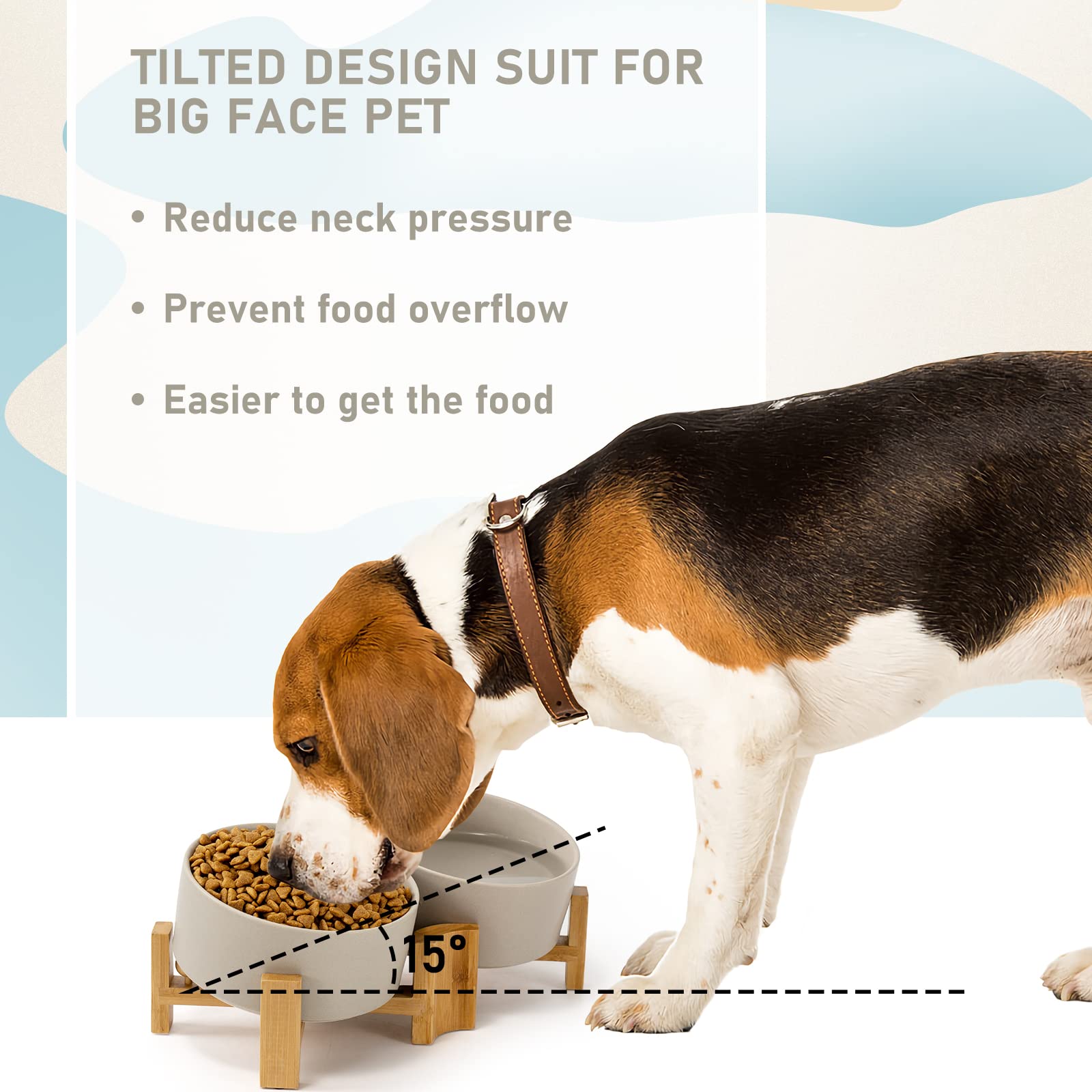 SPUNKYJUNKY 15 Slanted Ceramic Dog and Cat Bowl with Wooden Stand, Tilted Bulldog Food and Water Bowl No Slip Non-Spill for Cats