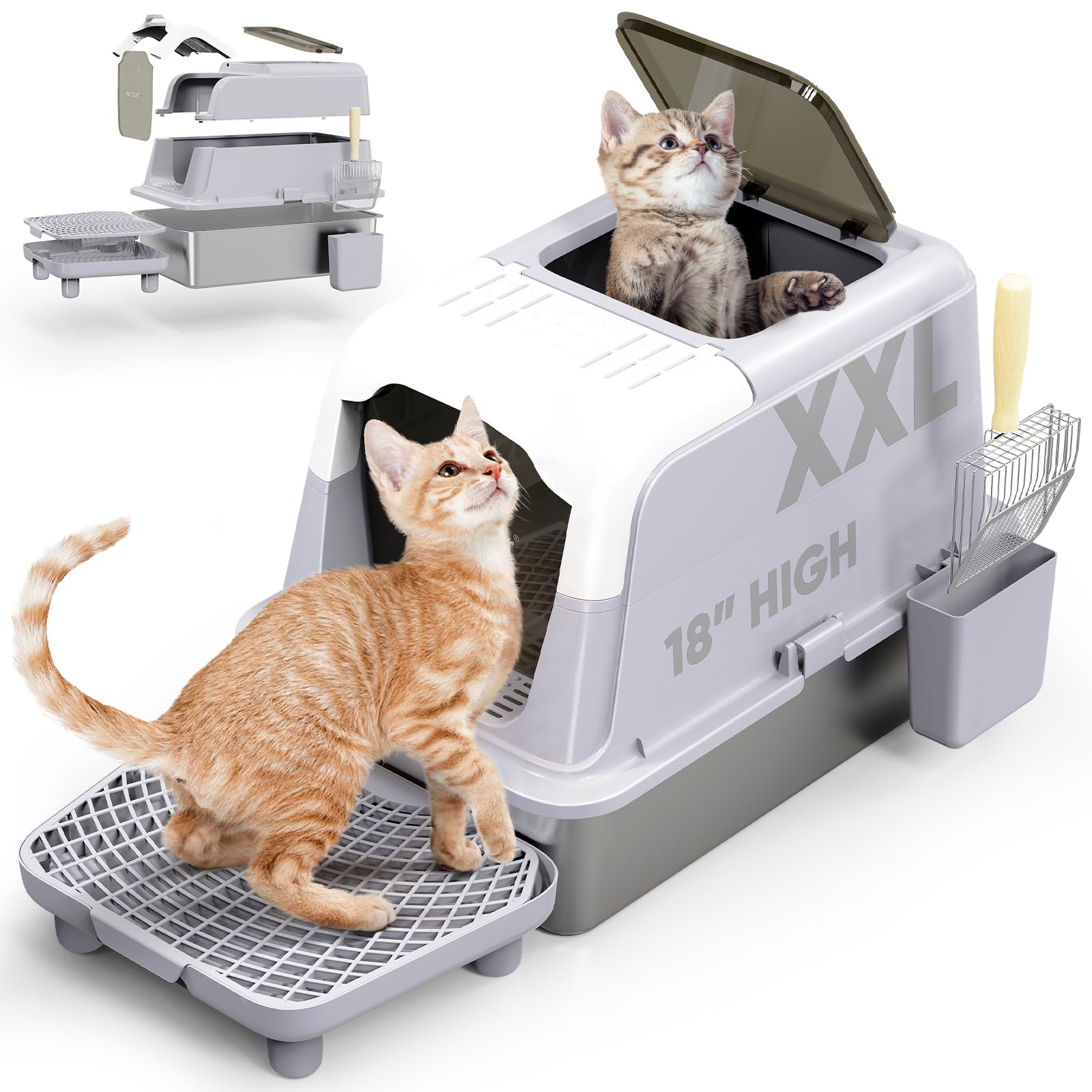 Haroopet Stainless Steel Litter Box With Lid,Xxl Extra Large Enclosed Metal Litter Box For Big Cat, Removable Front Entry Top Ex