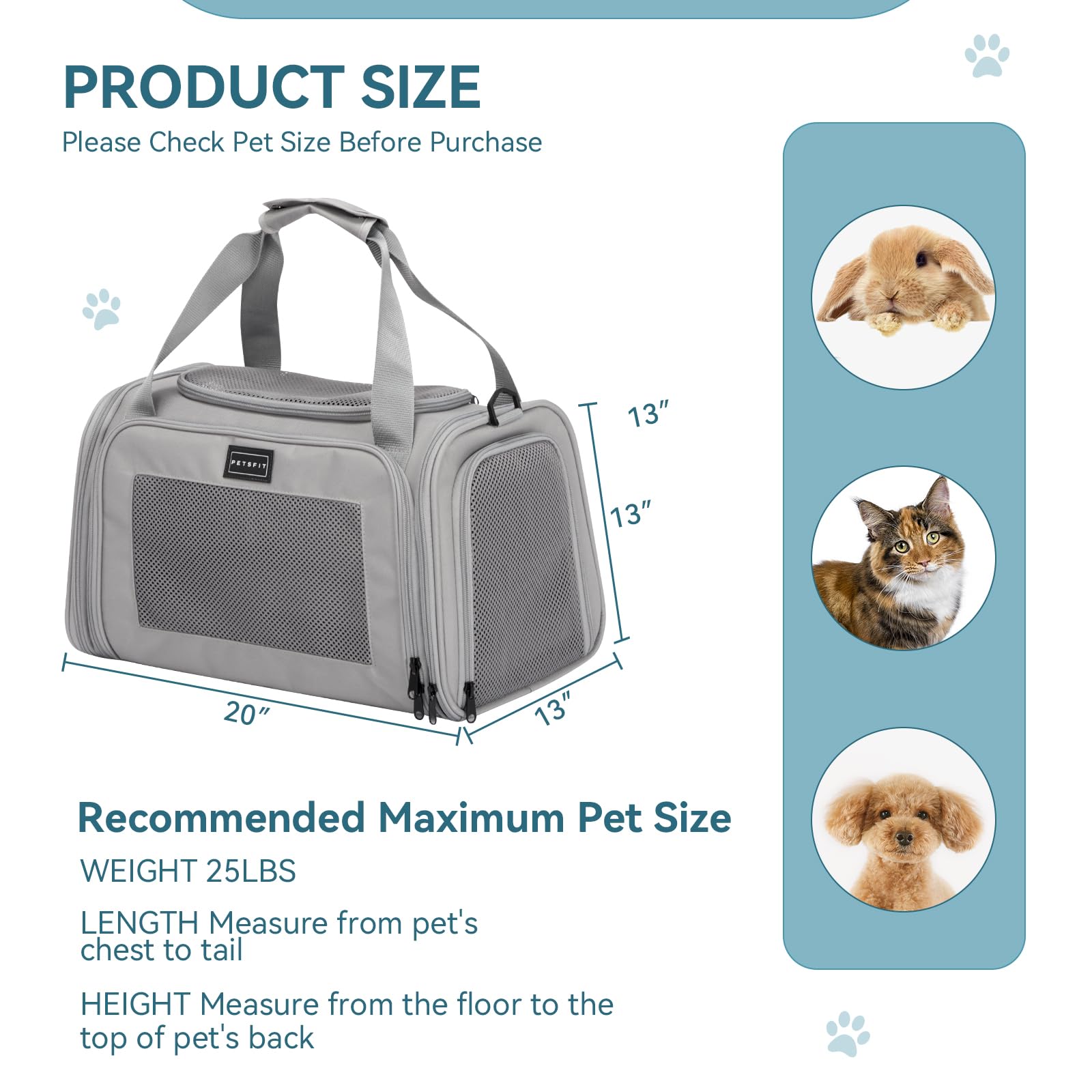 Petsfit Dog Carrier Cat Carriers For Puppies, Medium Cats Up To 25Lbs, Travel Soft Sided Pet Carrier (Large, Grey)