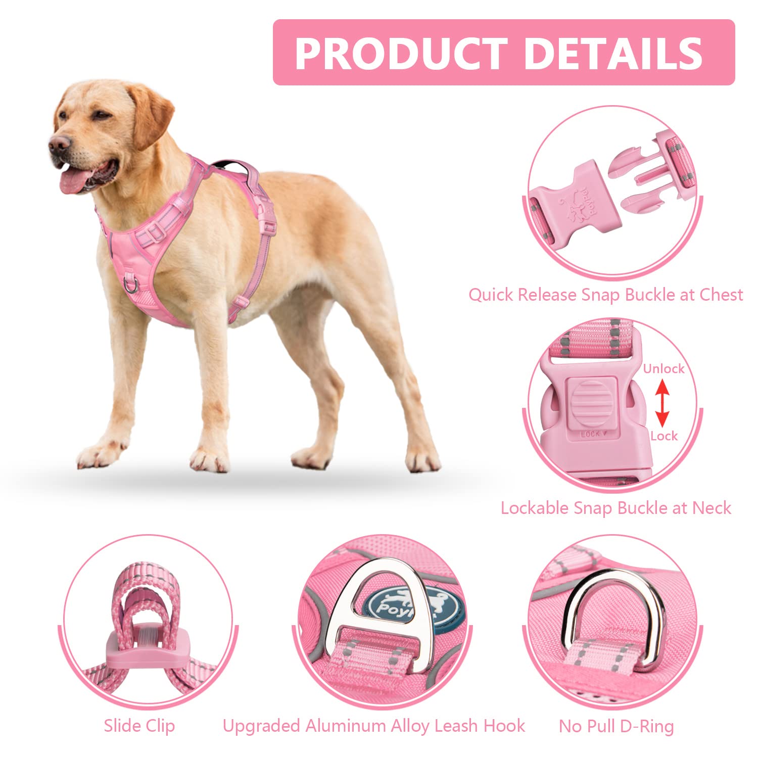 Poypet No Pull Dog Harness, No Choke Reflective Dog Vest, Adjustable Pet Harnesses With 2 Leash Attachments With Easy Control Padded Handle For Small Medium Large Dogs(Light Pink Matching Trim,M)