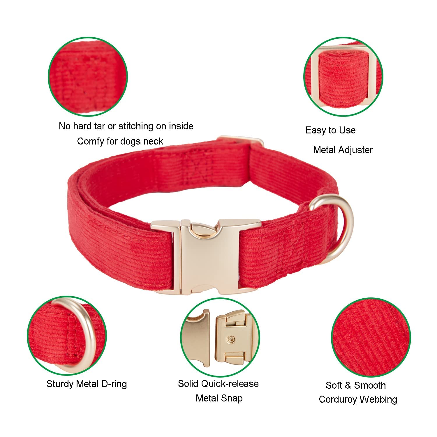 Petiry Soft Corduroy Fibric Dog Collar with High Grade Metal Buckle, for Large Dogs.(Red,Large:17-26'')