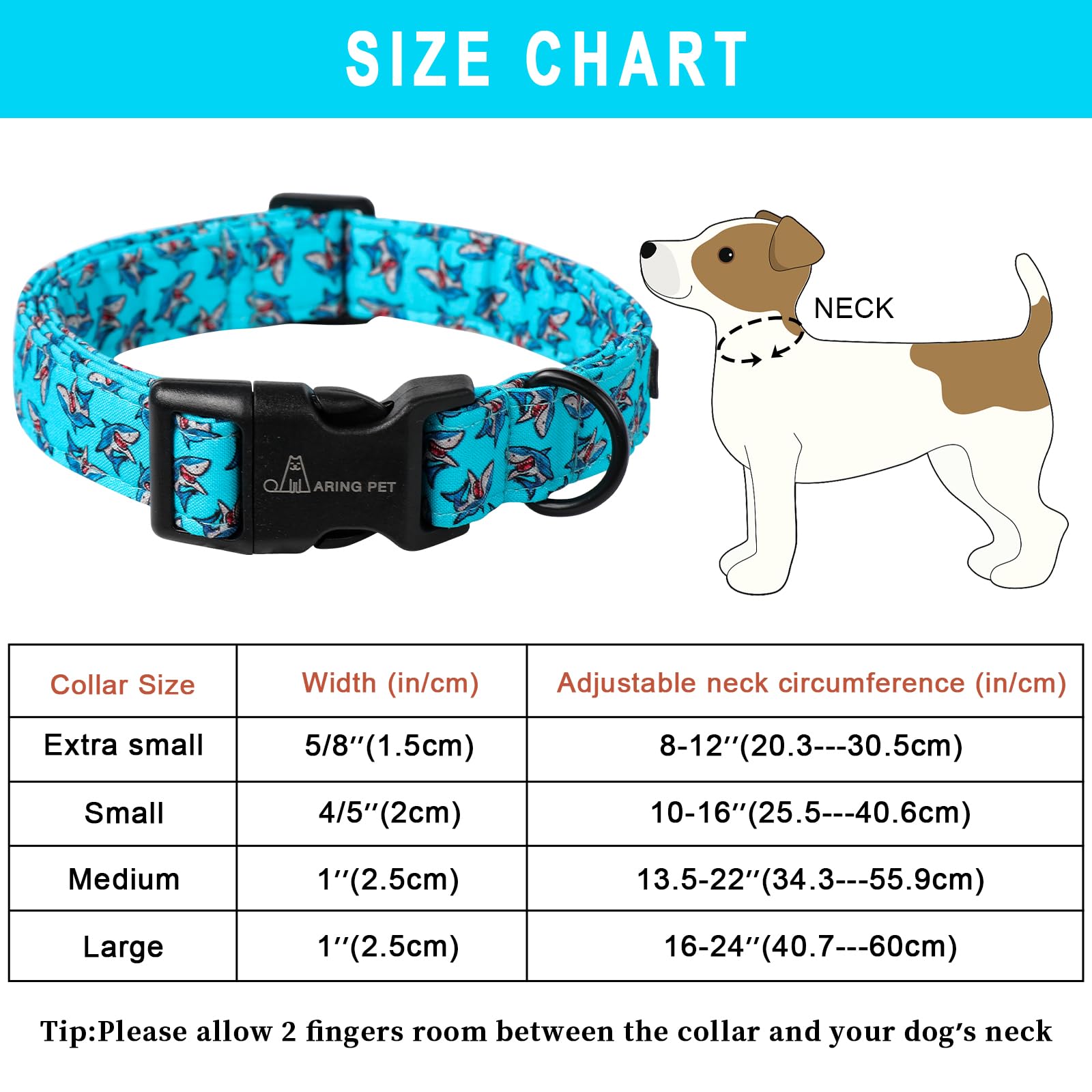 Aring Pet Summer Dog Collar-Cotton Lightweight Blue Dog Collars, Adjustable Shark Pet Collar Puppy Collars With Quick Release Bu