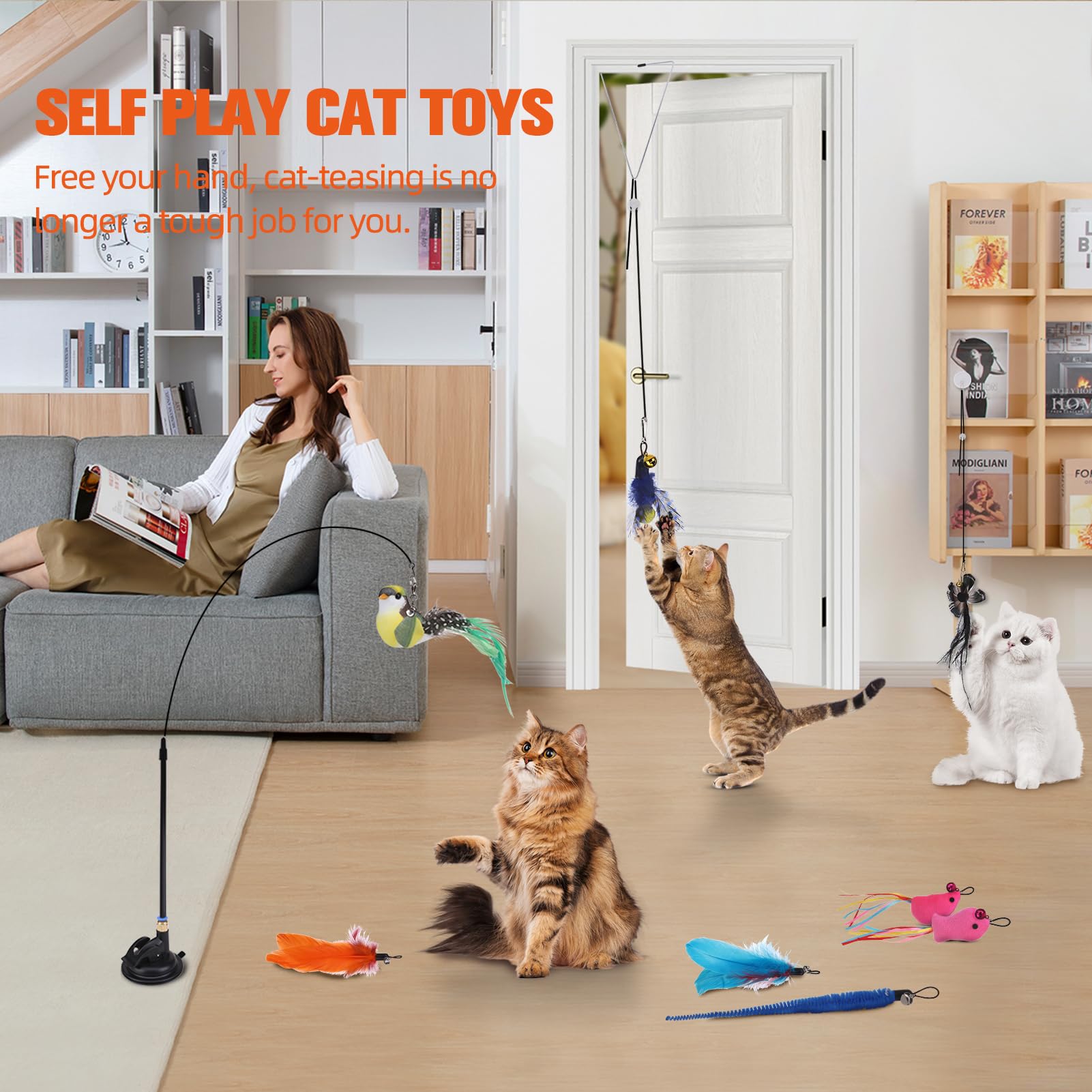 Pawchie Cat Toy,Interactive Cat Feather Toy,Suction Cup Cat Bird Simulation Toy Set,Self Play Cat Kitten Toys For Indoor,Cat Wan