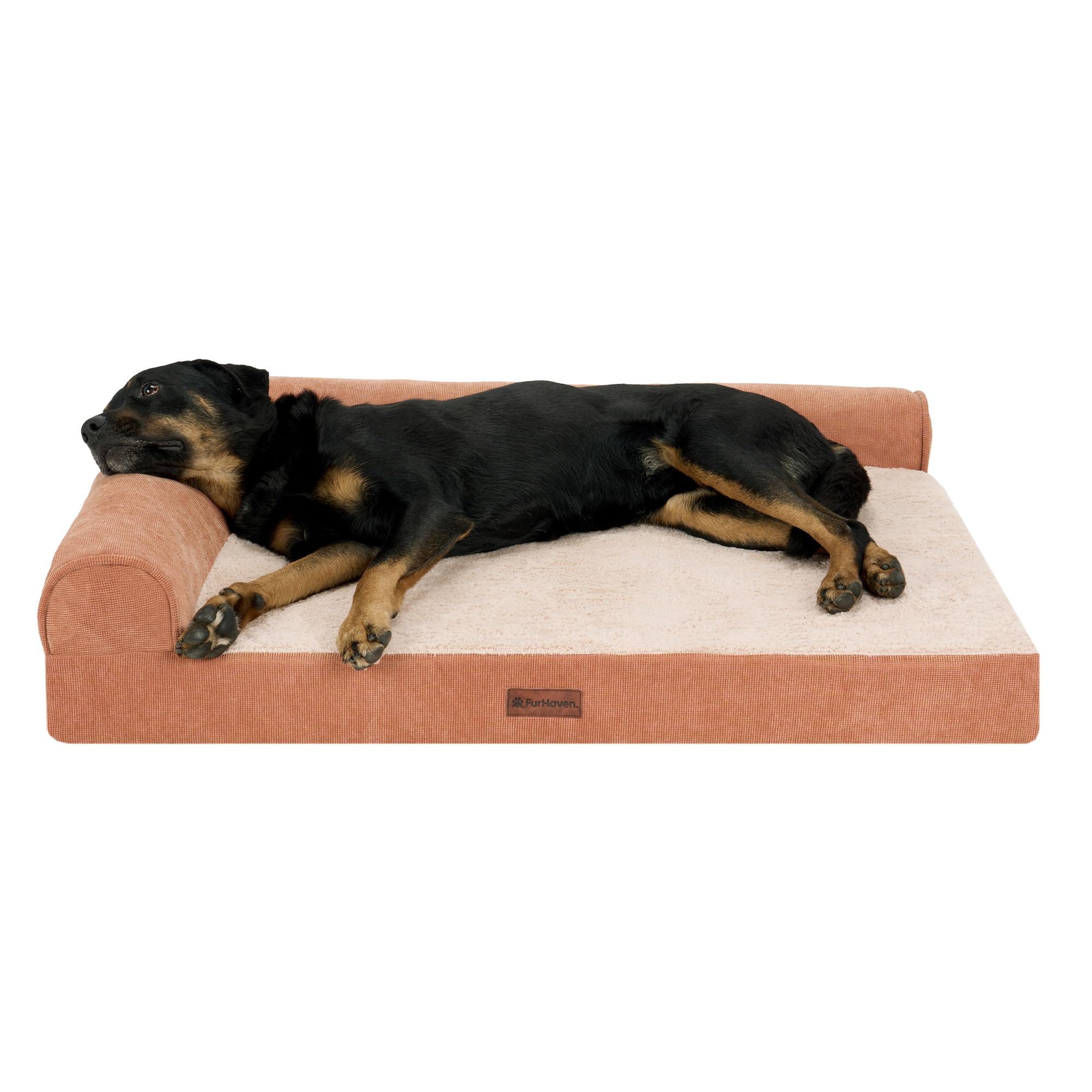 FurHaven Jumbo (40x32) Cooling Gel Dog Bed  Plush & Grid Cord LShaped Chaise Lounge Pet Bed, Removable Washable Cover, Coppe