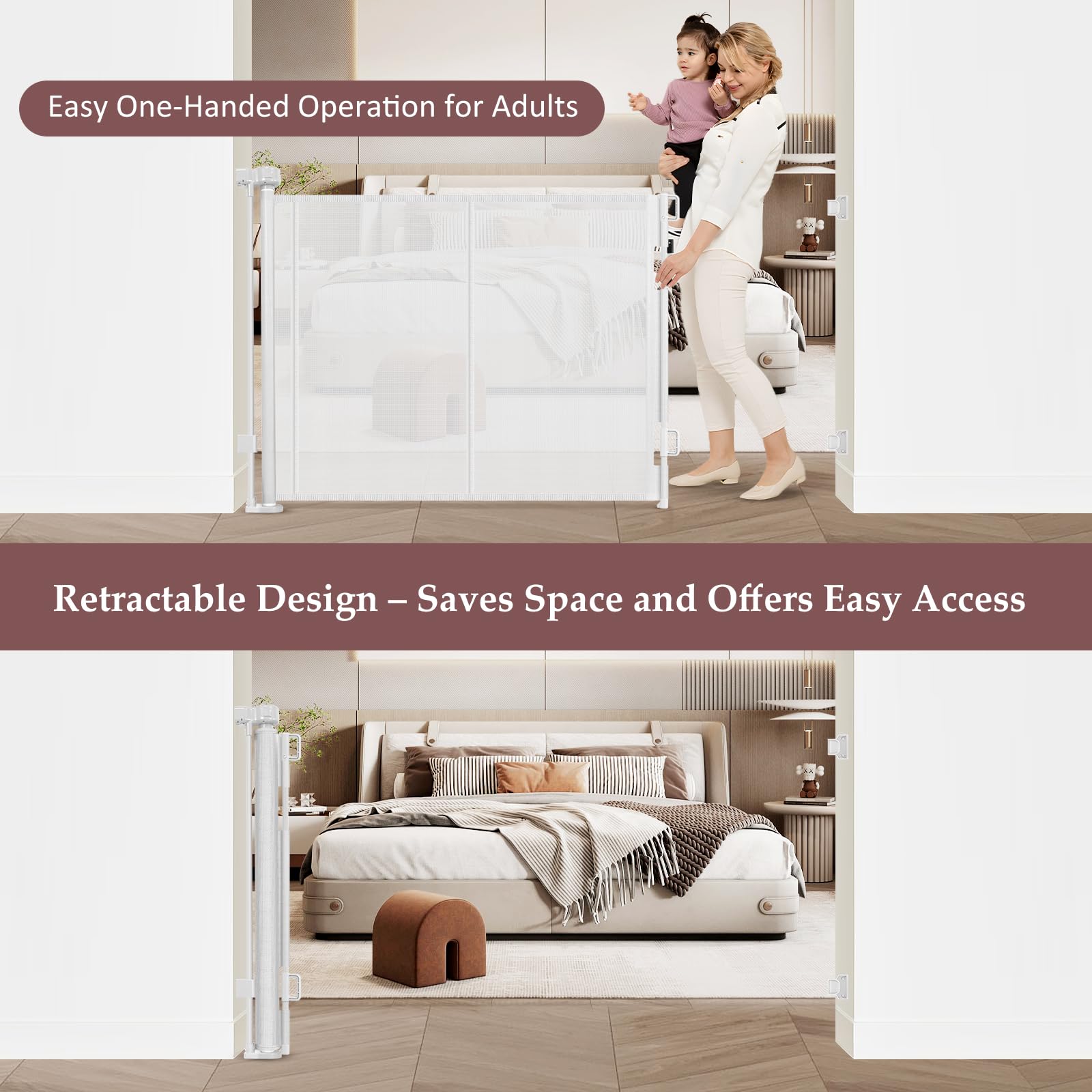 Reinforced Extra Tall Pet Gate 41 Inch, 55 Inch Wide Retractable Baby Gates with Support Rods Prevents Crawling Under, White