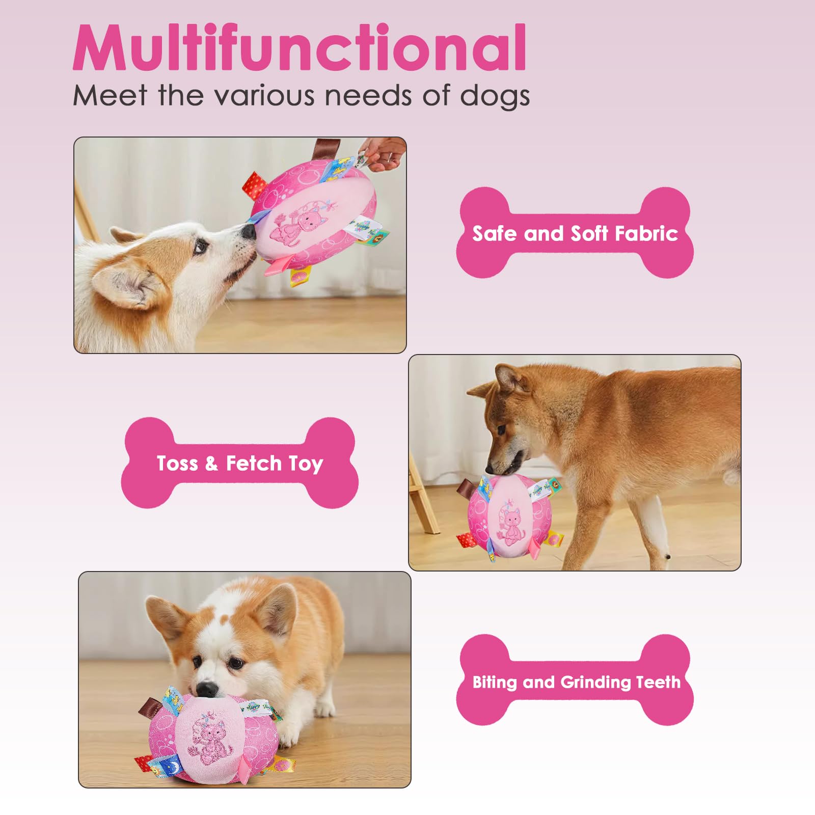 Letalong Dog Squeaky Plush Plush Toy with Straps, 6-Inch Soft Stuffed Ball with Cotton Material and Bell Built-in, Pet Interacti