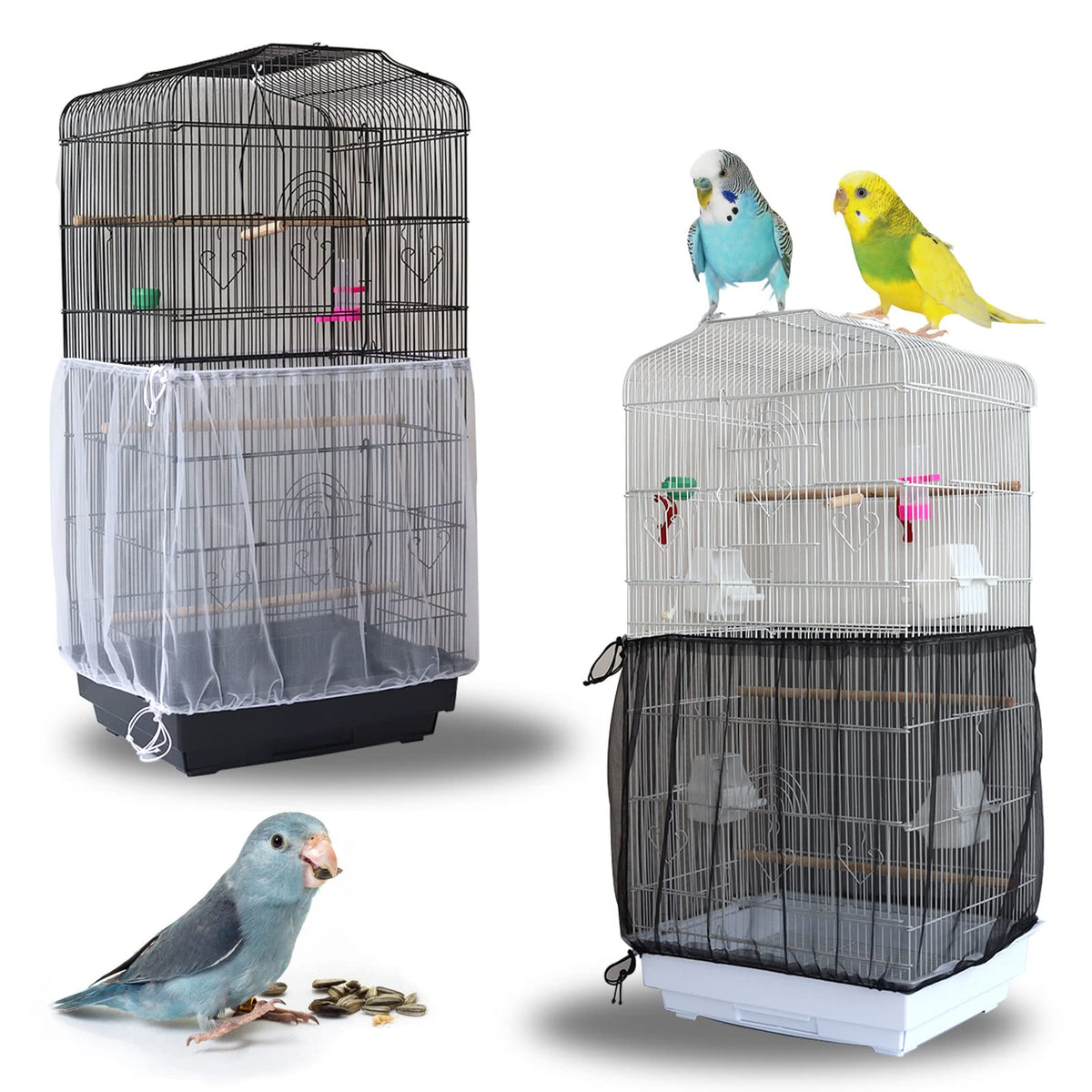 Daoeny 2Pcs Bird Cage Cover, Adjustable Soft Airy Nylon Mesh Parrot Net, Universal Feather Seed Catcher, Birdcage Cover Skirt Sheer Guard For Round Square Bird Cages (White +Black)