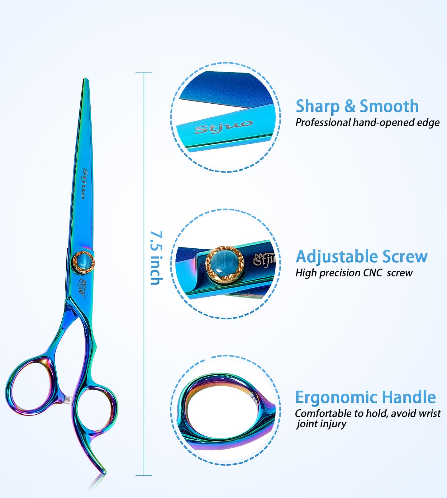 Stjuo 7.5'' Dog Straight Scissors For Grooming 440C Stainless Steel Green Professional Pet Trimming Scissors Sharp Blades Cuttin