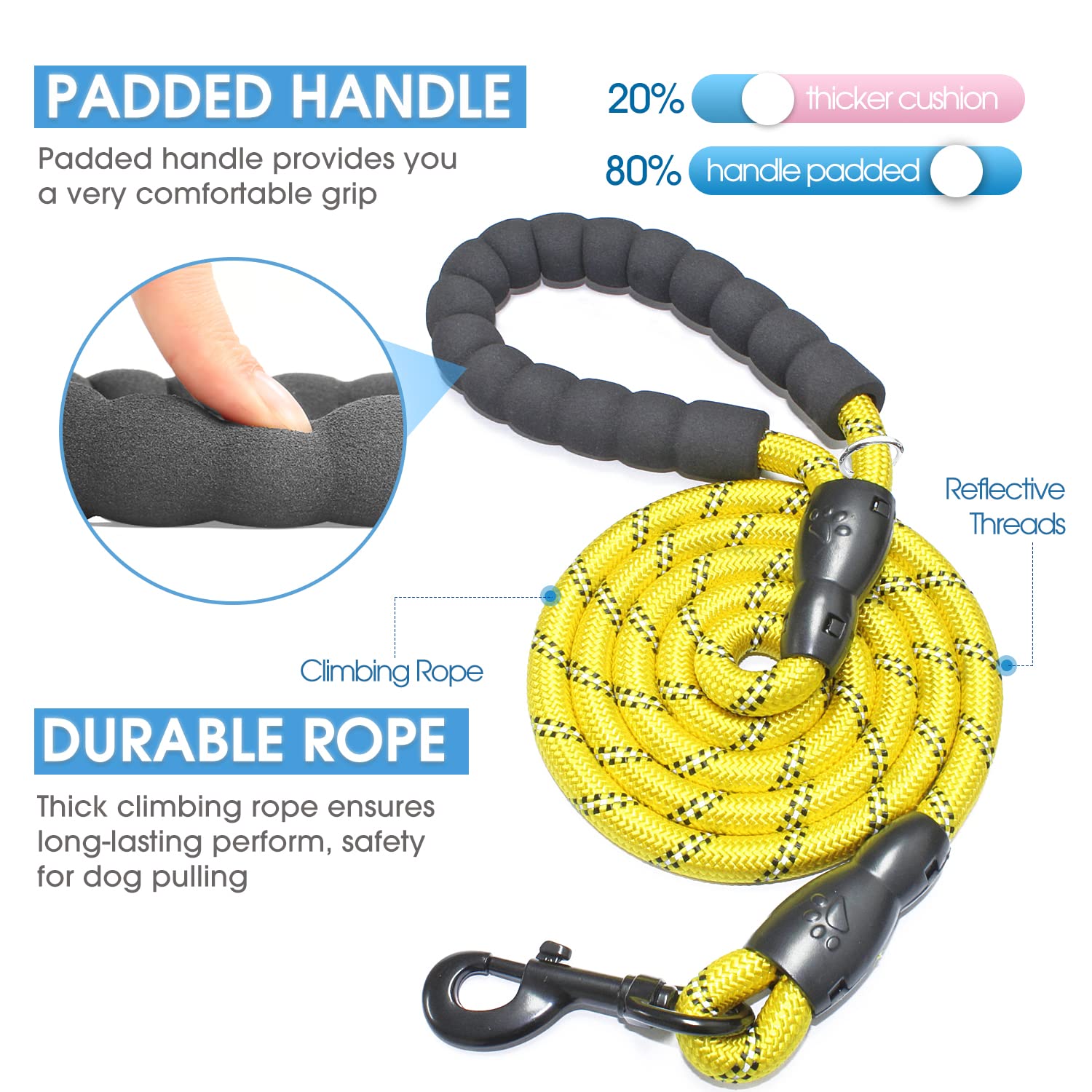 Baapet 2/4/5/6 Ft Dog Leash With Comfortable Padded Handle And Highly Reflective Threads For Small Medium And Large Dogs (6Ft-1/2'', Yellow)