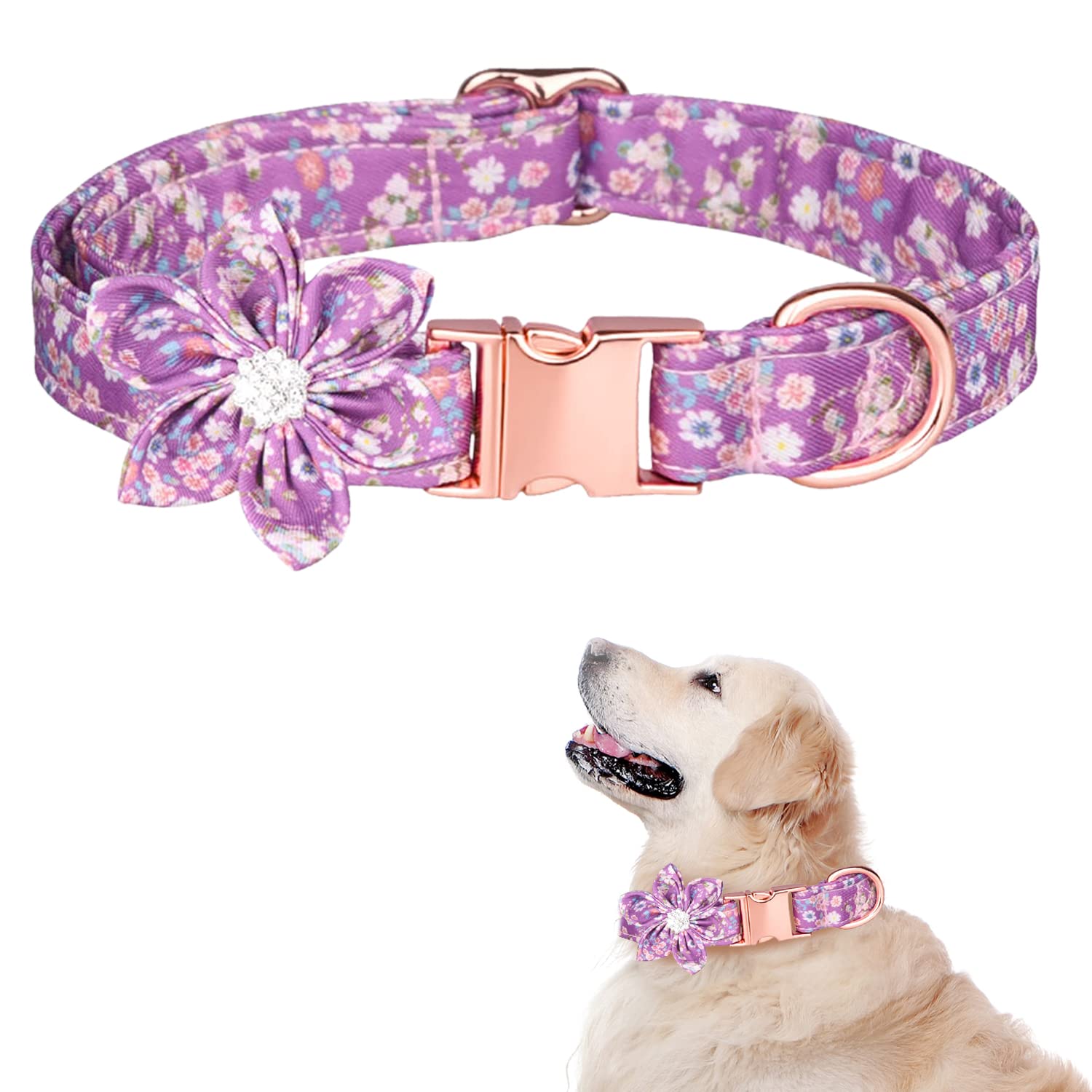 Tdtok Girl Dog Collar For Small Medium Large Dogs, Cute Dog Collar With Detachable Flower Safety Metal Buckle Adjustable Floral Pattern Soft Comfy Cotton Dog Collars, Fit Necks 10.2-23.6’’