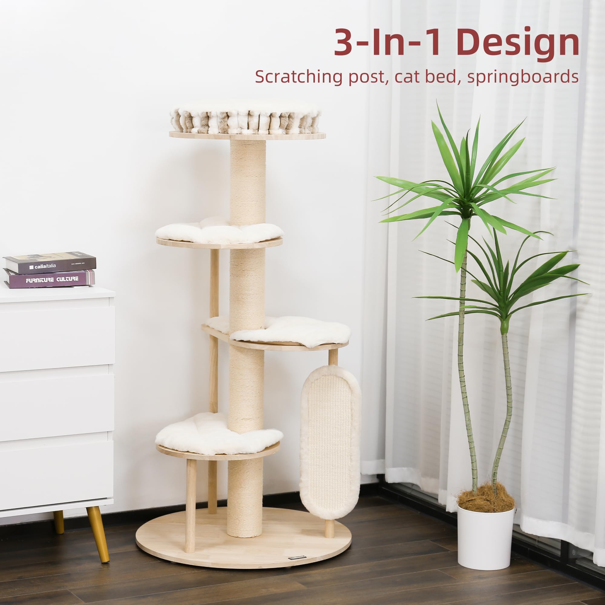 Kamaboko Tall Modern Cat Tree, 53'' Cat Tower, Cat Tree For Indoor Cats Large Adult, Multi-Level Cat Scratching Post With 3 Imit